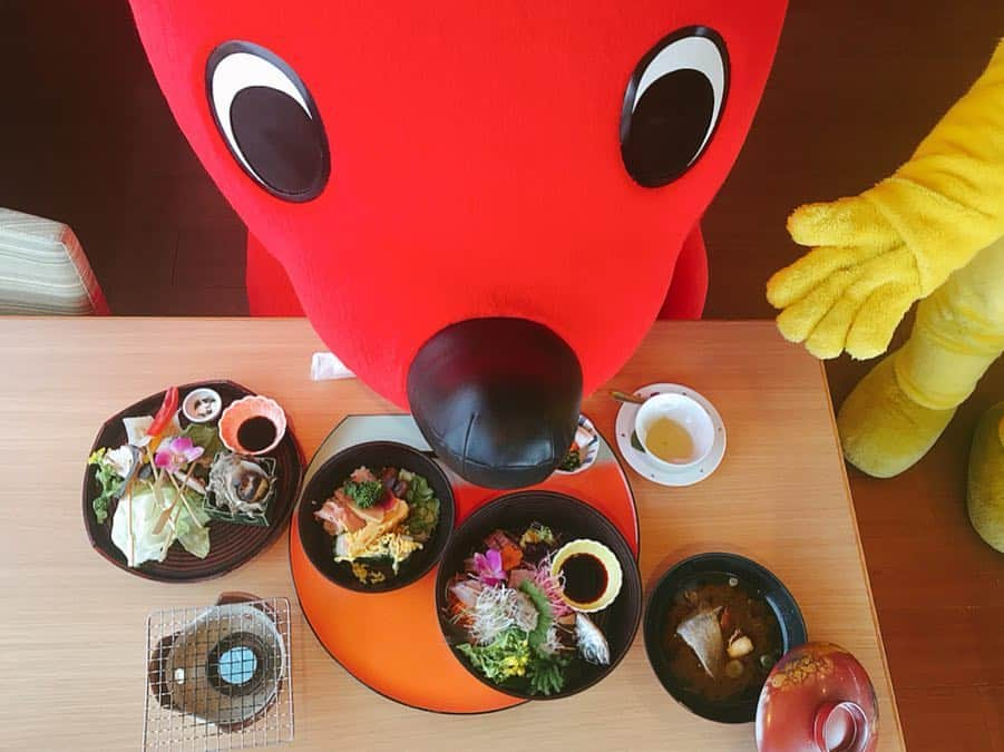 チーバくんさんのインスタグラム写真 - (チーバくんInstagram)「館山の「おいしい」がギュギュギュ〜🐟🌼🥢 #ダッペエのおもてなし  #じゅるり  #三段どんぶり  #炙り海鮮  #お刺身  #彩り花ちらし  #ご当地グルメ  #チーバくん  #chibakun  #千葉県  #chiba  #館山市  #千里の風  #館山炙り海鮮丼」3月27日 18時57分 - chibakun0111