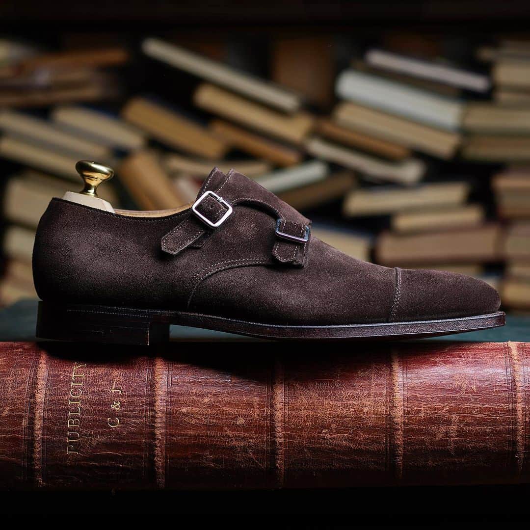 のインスタグラム：「Lowndes in Espresso Calf Suede, a double buckle monk shoe with a straight toe cap. Made on last 348 using the finest suede with single leather soles. . Which colour way is your favourite? . #crockettandjones #madetobeworn #lowndes #last348 #monkshoes #buckle」