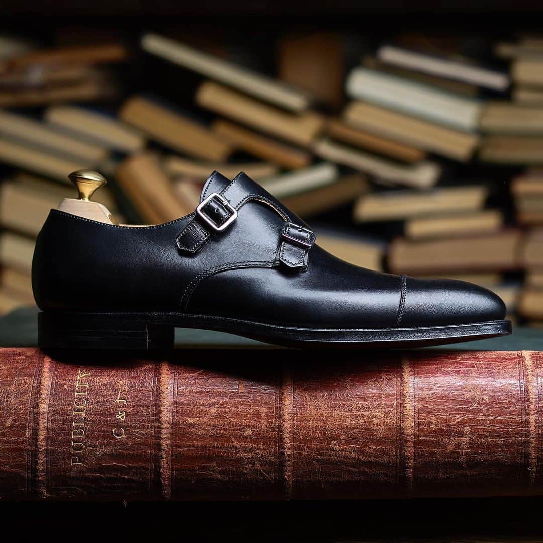 のインスタグラム：「Lowndes in Black Calf, a double buckle monk shoe with a straight toe cap. Made on last 348 using the finest leather with single leather soles. . Which colour way is your favourite? . #crockettandjones #madetobeworn #lowndes #last348 #monkshoes #buckle」