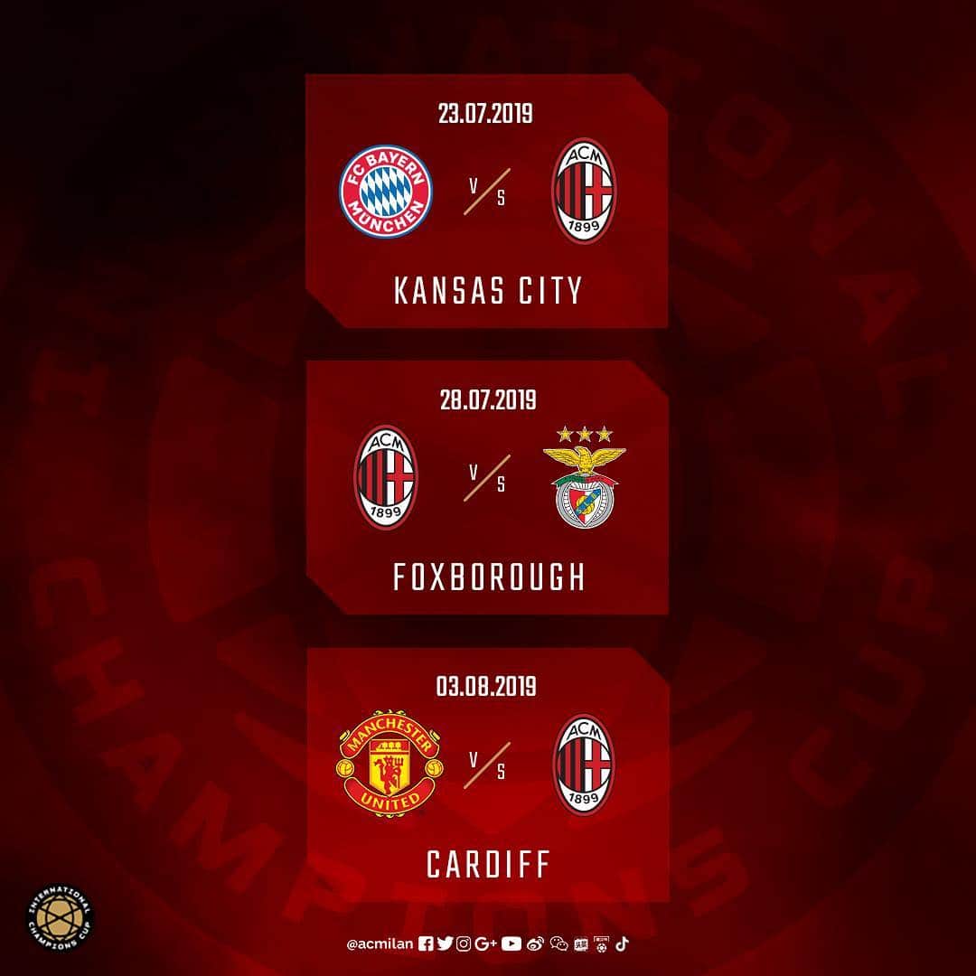 ACミランさんのインスタグラム写真 - (ACミランInstagram)「#ICC2019 🏆  Here's our schedule! 🗓 Ecco le nostre sfide! 🆚 @fcbayern in Kansas City 🇺🇸 🆚 @slbenfica in Foxborough 🇺🇸 🆚 @manchesterunited in Cardiff 🏴󠁧󠁢󠁷󠁬󠁳󠁿 #ChampionsMeetHere」3月28日 0時14分 - acmilan