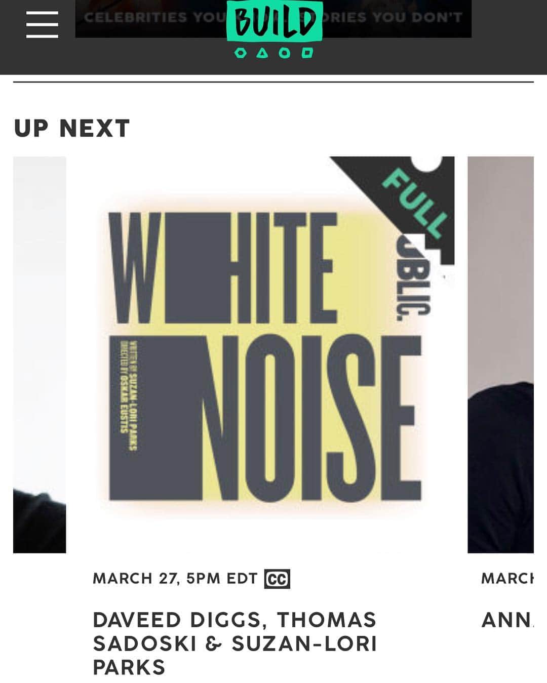 トーマス・サドスキーさんのインスタグラム写真 - (トーマス・サドスキーInstagram)「Today at 5pm EST! Join @suzanloriparks365 @daveeddiggs and me on @buildseriesnyc as we discuss #WhiteNoise.」3月28日 0時16分 - thomas_sadoski