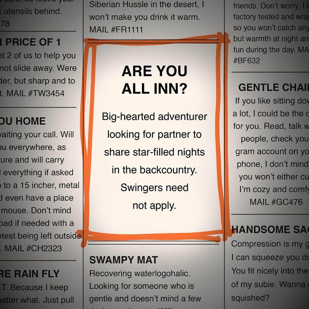 のインスタグラム：「Remember when you used to place personal ads in the NEWSPAPER?! Yeah, neither do we. But if we did, the ad for the All Inn Tent would look like this. Tap photo to shop tent details. ⛺️#matchmadeinnature #backpacking #newgear #tentlife #builtforplay #keltybuilt」