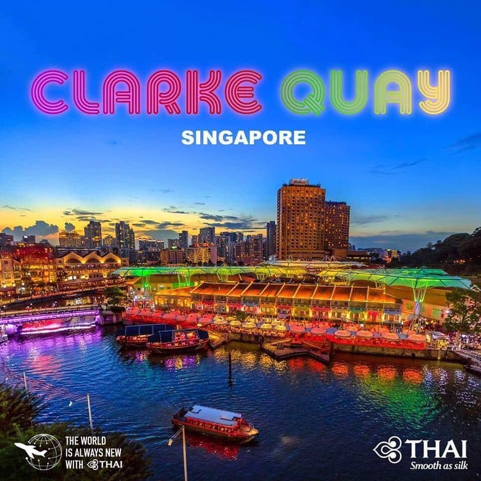 タイ航空さんのインスタグラム写真 - (タイ航空Instagram)「Located on the banks of Singapore River, Clarke Quay has been one of Singapore's most famous tourist spots for a long time with numbers of restaurants and a nearby pedestrian mall, not to mention the world-renowned G-Max Reverse Bungee, which attracts countless of extreme activity aficionados. At night, the quay even turns more alive and colorful (figuratively and literally) with its nightclubs and night activities. Surely a place worth visiting day or night if you ever go to Singapore. . #ThaiAirways #ClarkeQuay #Singapore #FlyTHAItoSingapore」3月28日 2時12分 - thaiairways