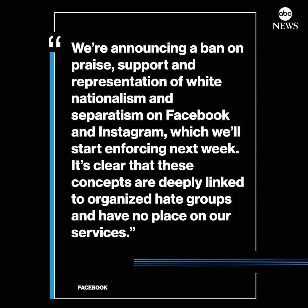 ABC Newsさんのインスタグラム写真 - (ABC NewsInstagram)「JUST IN: Facebook announces "ban on praise, support and representation of white nationalism and separatism on Facebook and Instagram." #facebook #instagram #hatespeech」3月28日 2時51分 - abcnews