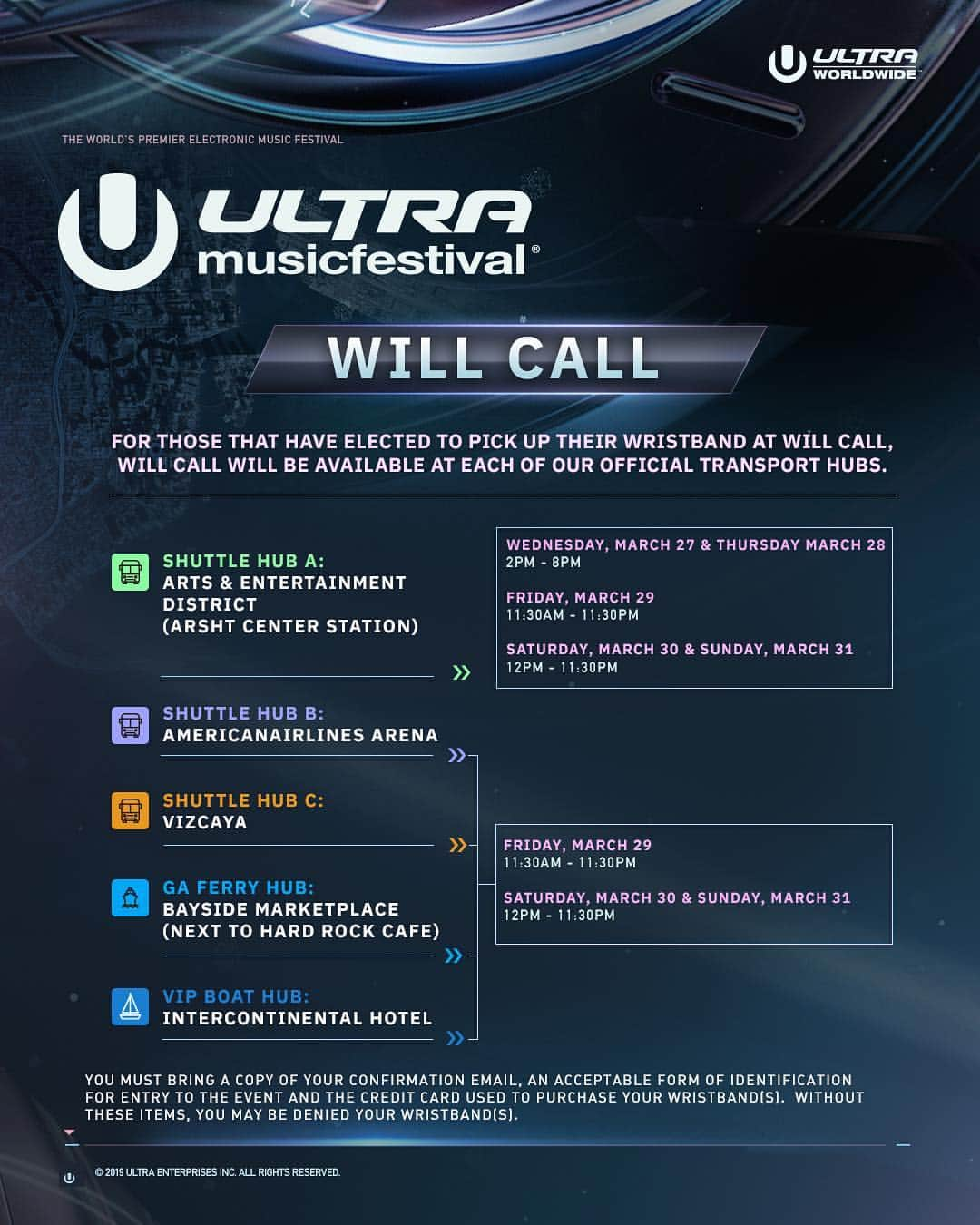 Ultra Music Festivalさんのインスタグラム写真 - (Ultra Music FestivalInstagram)「For those that have elected to pick up their wristband at Will Call, Will Call will be available at each of our official transport hubs!  Will Call is now open at Shuttle Hub A: Arts & Entertainment District (Arsht Center Station). Will Call at the remaining transport hubs will open this Friday, March 29th. Please remember to bring a copy of your confirmation email, acceptable form of identification and the credit card that was used to purchase your wristband(s).」3月28日 3時43分 - ultra