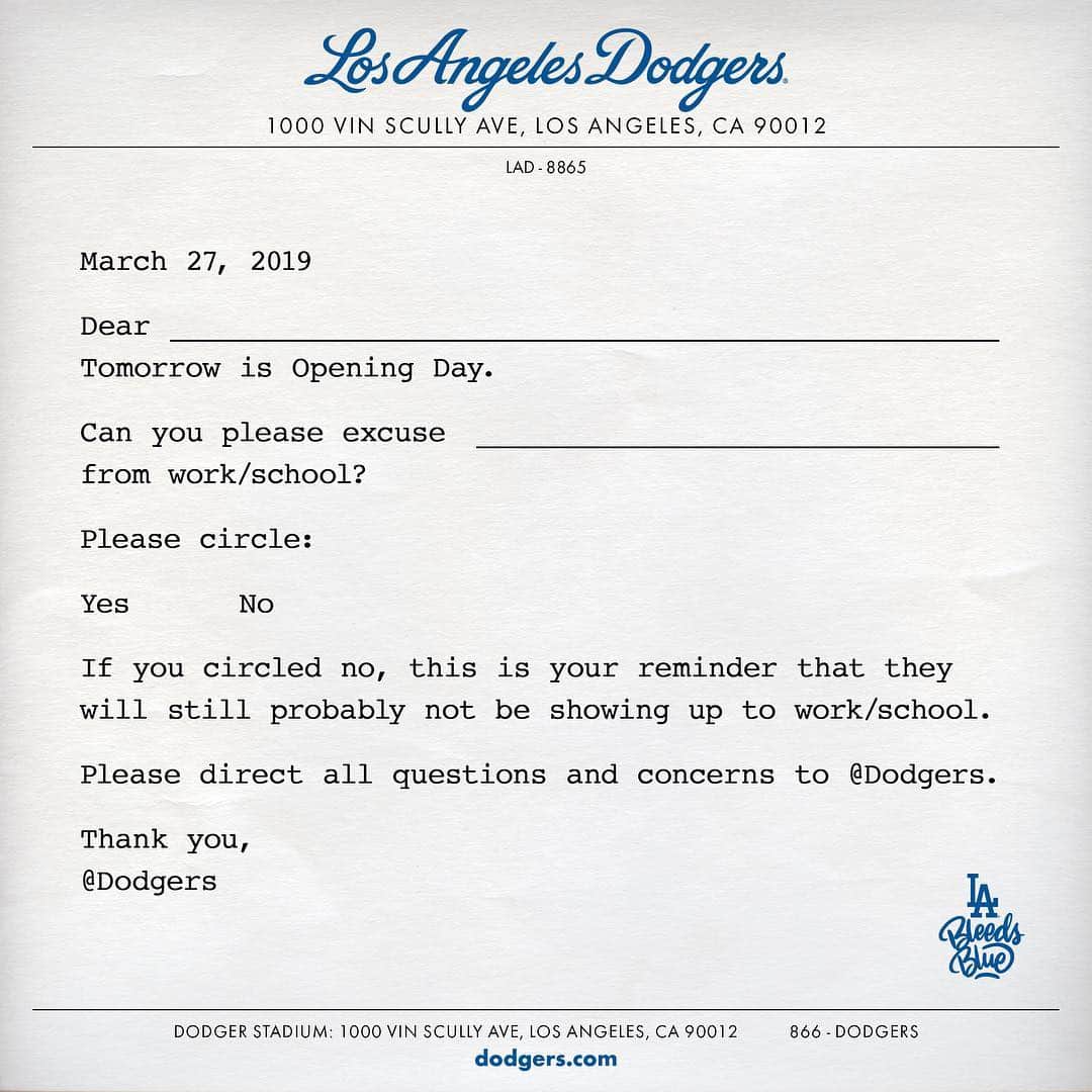 Los Angeles Dodgersさんのインスタグラム写真 - (Los Angeles DodgersInstagram)「This will work. We promise.  Limited number of #OpeningDayLA tickets available at Dodgers.com/tickets.」3月28日 4時24分 - dodgers