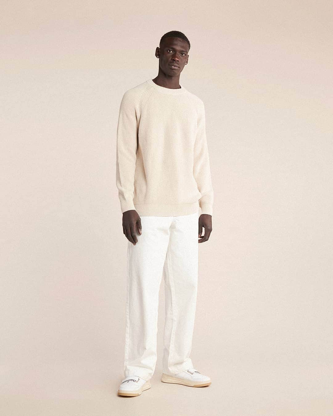 のインスタグラム：「Autumn 19 | Noel wears the Fervent Ribbed Knit in Ecru with the Sworn Straight Leg Japanese 12oz Denim Pant in White 💭」