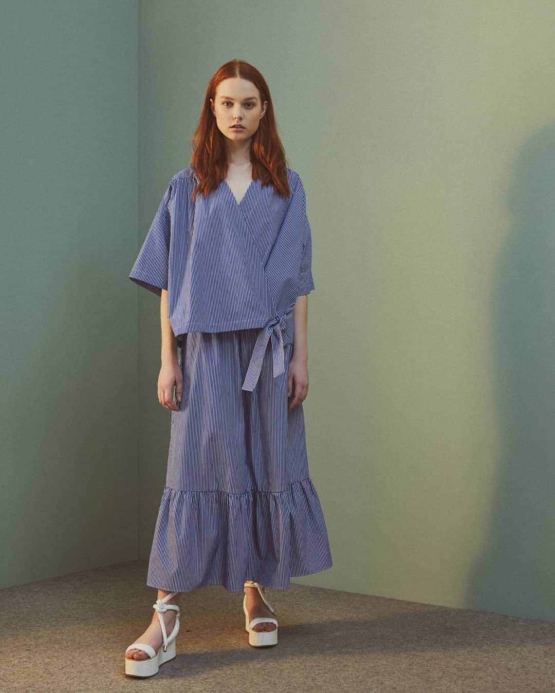 のインスタグラム：「New Arrivals | Grace wears the Prevail Shirt & Effect Skirt | Both cut from a crisp striped cotton shirting in this season's Marine Stripe | Landing in stores and online today!」
