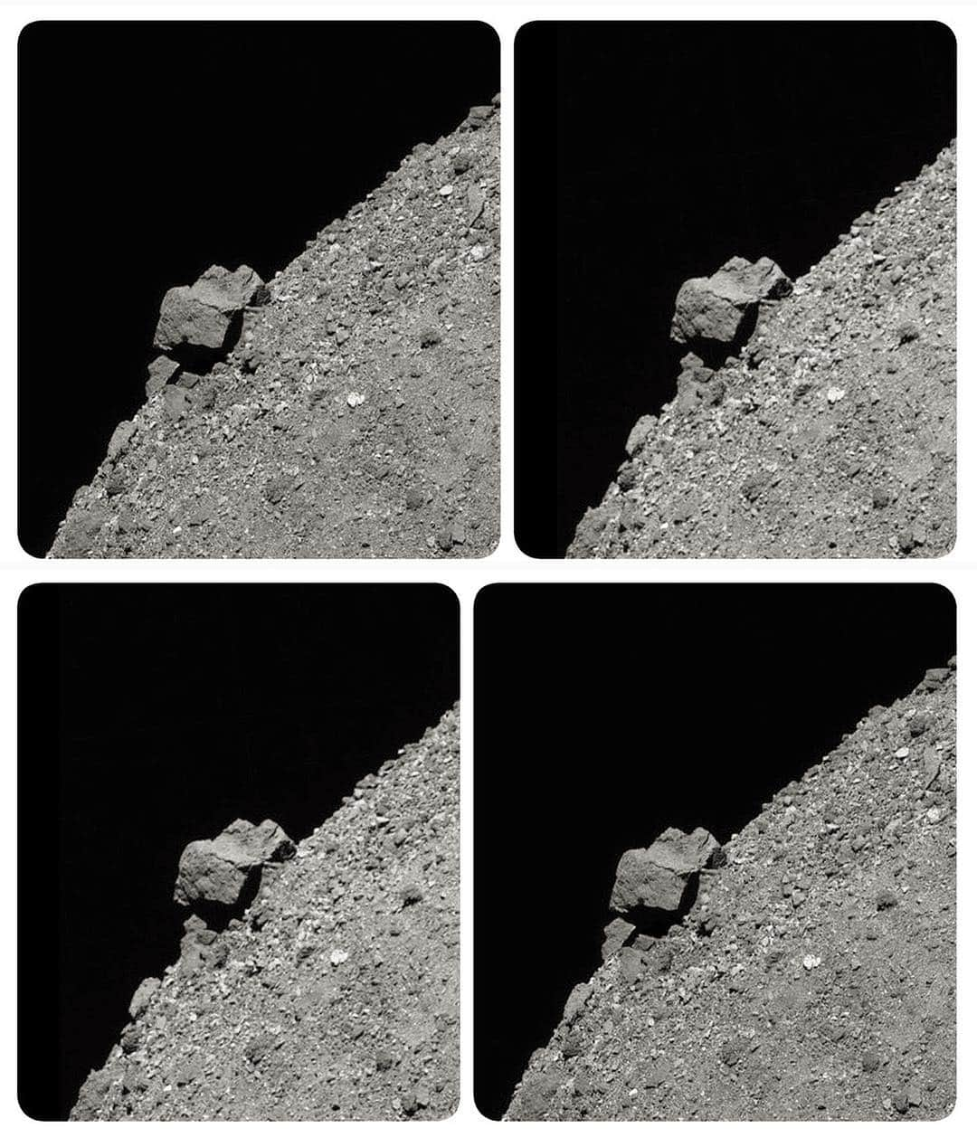 ブライアン・メイさんのインスタグラム写真 - (ブライアン・メイInstagram)「Giant Boulder on the Asteroid BENNU - about 170 feet across (50 metres). The NASA OSIRIS REx mission today released this stereo capture of part of Bennu’s surface. 💥💥💥💥I’m proud to have been adopted as a collaborator on the Osiris Rex team, along with my colleague Claudia Manzoni.  Our passion is producing stereoscopic (3-D) images from the astounding data that the OR mission has been collecting. Special thanks to mission PI, Prof Dante Loretta, for making this possible.  These stereo images can be enjoyed in various ways - as Anaglyphs, for which red and green spectacles are needed, or, as here, configuring the two images side my side, for either parallel free viewing (upper pair here), or cross-eyed free-viewing (lower pair), or, for the most immersive experience, using a stereoscope such as our own LondonStereoscopic Company OWL.  More information on all this is at www.LondonStereo.com.  The technique used for making astro stereo images like this is to find two images captured from slightly different angles of view, giving just enough of a ‘baseline’ between viewpoints to enable our brains to perceive a stereoscopic experience when the two images are presented separately to our left and right eyes. The most difficult part is then ususally trying to deal with the fact that the two images have different illuminations.  To solve this problem, this particular pair was skilfully assembled  by Claudia, the two images being chosen from two occasions on separate orbits when the angle of view was different, but the phase angle of the Sun was the same.  This means I had much less work to do to polish the stereo image into a form which pleases the eyes.  Enjoy Bennu in 3-D !  And the boulder, which the team have christened BenBen.  @lonely_whispers_  @osiris_rex @nasa @nasagoddard #UniversityofArizona #DanteLauretta  #parallelview #stereophotography #stereoimage #vr #virtualreality #stereophoto #stereopair #OWLfriendly #stereoscopy #sidebyside #stereopic #stereoview #3Dimage #3Dpicture #3Dphoto #stereopicture #astrostereo #3D  Bri」3月28日 12時03分 - brianmayforreal