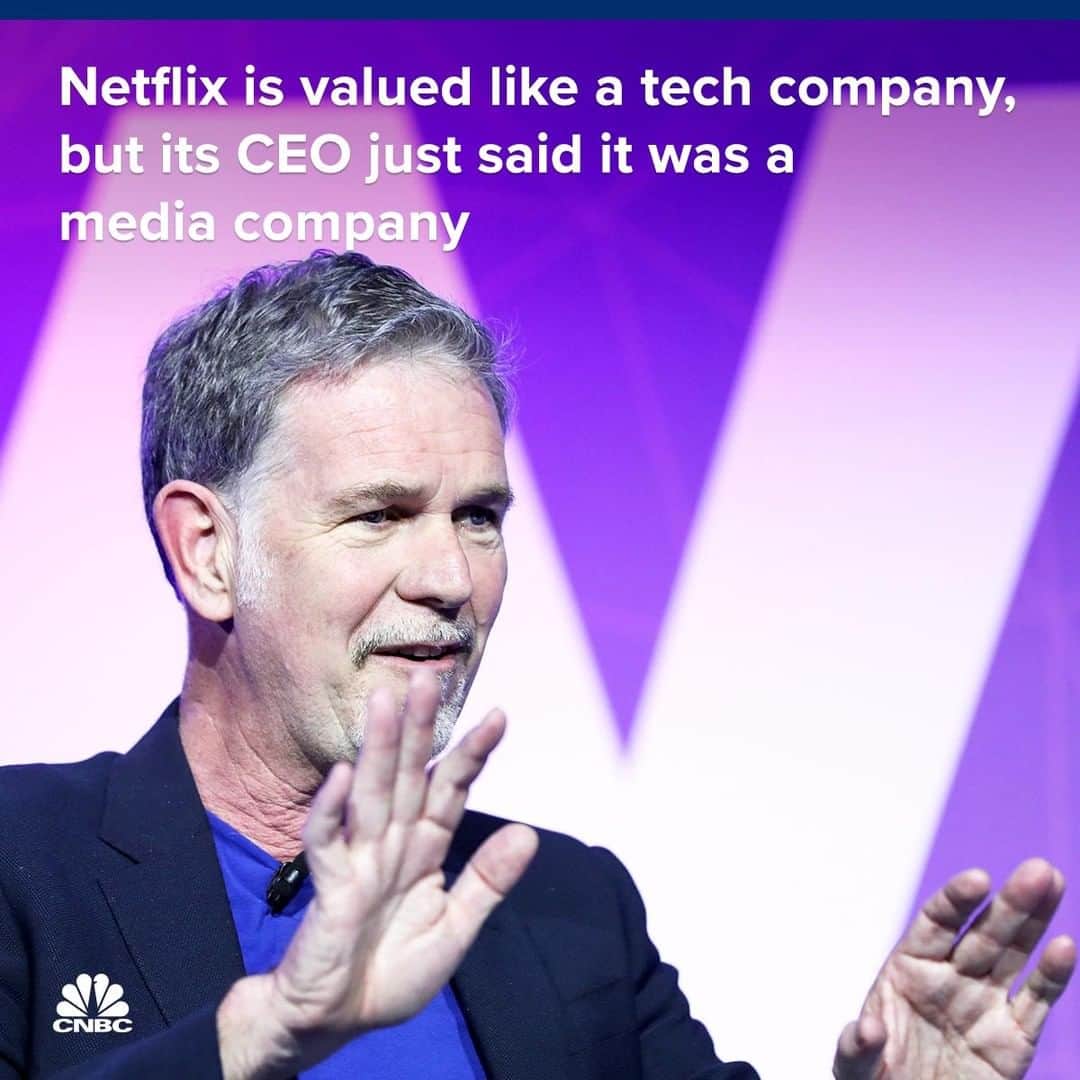 のインスタグラム：「Wall Street values Netflix like a high-growth tech company.  Investors have given it a market cap of about $157 billion on annual revenue of $15.8 billion in 2018. By way of comparison, Disney is valued at roughly $169 billion on annual revenue of $59.4 billion in 2018.⁣ ⁣ But Netflix CEO Reed Hastings just argued that his company is actually more of a media operation than a tech one.⁣ ⁣ Hastings’ response came after Recode asked him about the role U.S. lawmakers should play in regulating tech companies when it comes to privacy and antitrust.  If seen as a media company, Netflix could have a chance of avoiding the limelight as regulators and politicians take a stance on big tech regulation.⁣ ⁣ What do you think? Is Netflix more a tech company or more of a media company?⁣ ⁣ Learn more at the link in bio.⁣ ⁣ *⁣ *⁣ *⁣ *⁣ *⁣ *⁣ *⁣ *⁣ ⁣ #Netflix #tech #Media #ReedHastings #bigtech #regulation #privacy #antitrust #media #ceo #investing #tradertalk #valuations #technology #tech #news #technews #business #businessnews #Recode #CNBC #cnbctech⁣」
