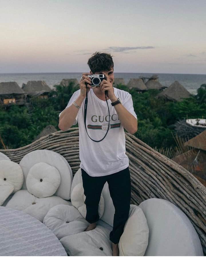 MR PORTERのインスタグラム：「Smile📸⁣ -⁣ Mr @matthiasgeerts wearing @Gucci t-shirt (1119134) and @Burberry trousers (1074664) available now via the link in bio. #MRPORTER」