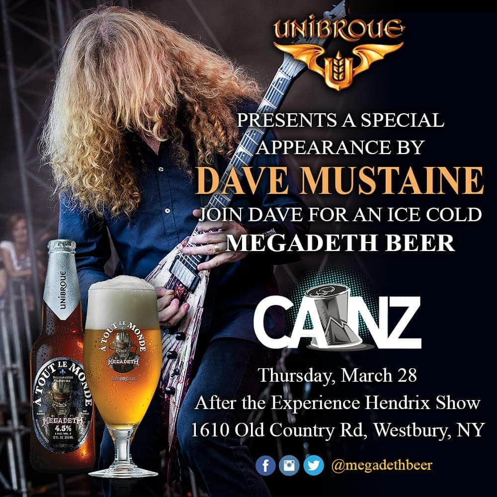 Megadethさんのインスタグラム写真 - (MegadethInstagram)「Dave Mustaine will be making an appearance at Canz Bar & Grill, 1610 Old Country Rd in Westbury, NY TONIGHT Thursday, March 28, after the #ExperienceHendrix show! Join Dave for a cold À Tout le Monde #MegadethBeer! experiencehendrixtour.com」3月28日 23時15分 - megadeth