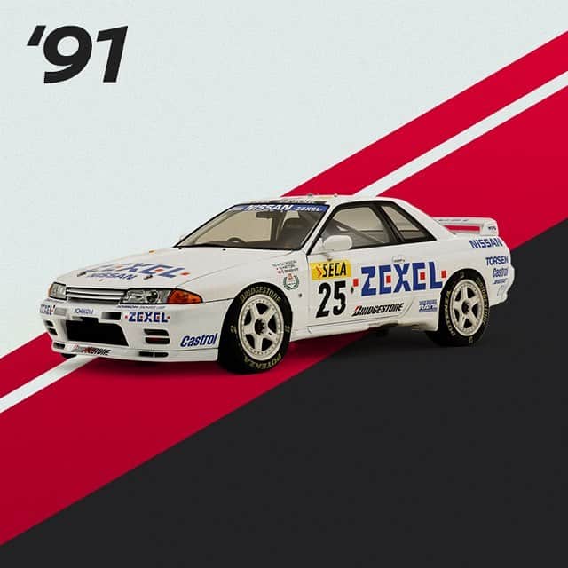 のインスタグラム：「29 victories in 4 seasons. From 1990 to 1993, the #Nissan #Skyline GT-R went undefeated at the Japan Touring Car Championship. #TBT #Heritage # 🐐」