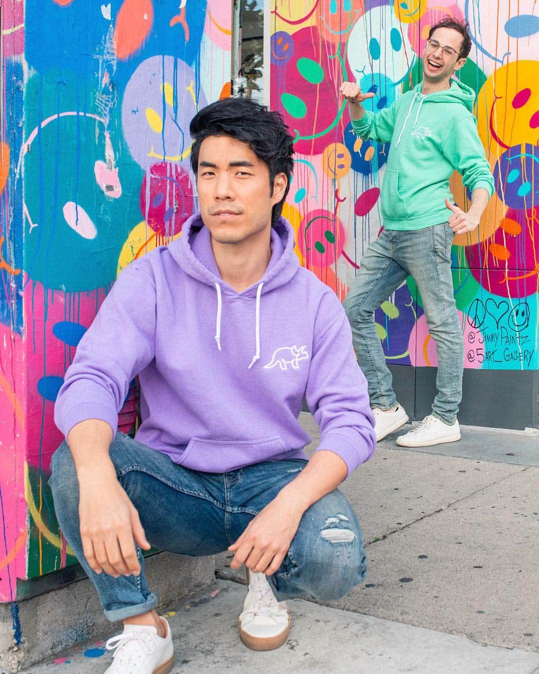 ユージン・リー・ヤンのインスタグラム：「#Zagene is dead but you can still look cute in our Color Line 💜💚 - get your hoodies at tryguys.com!」