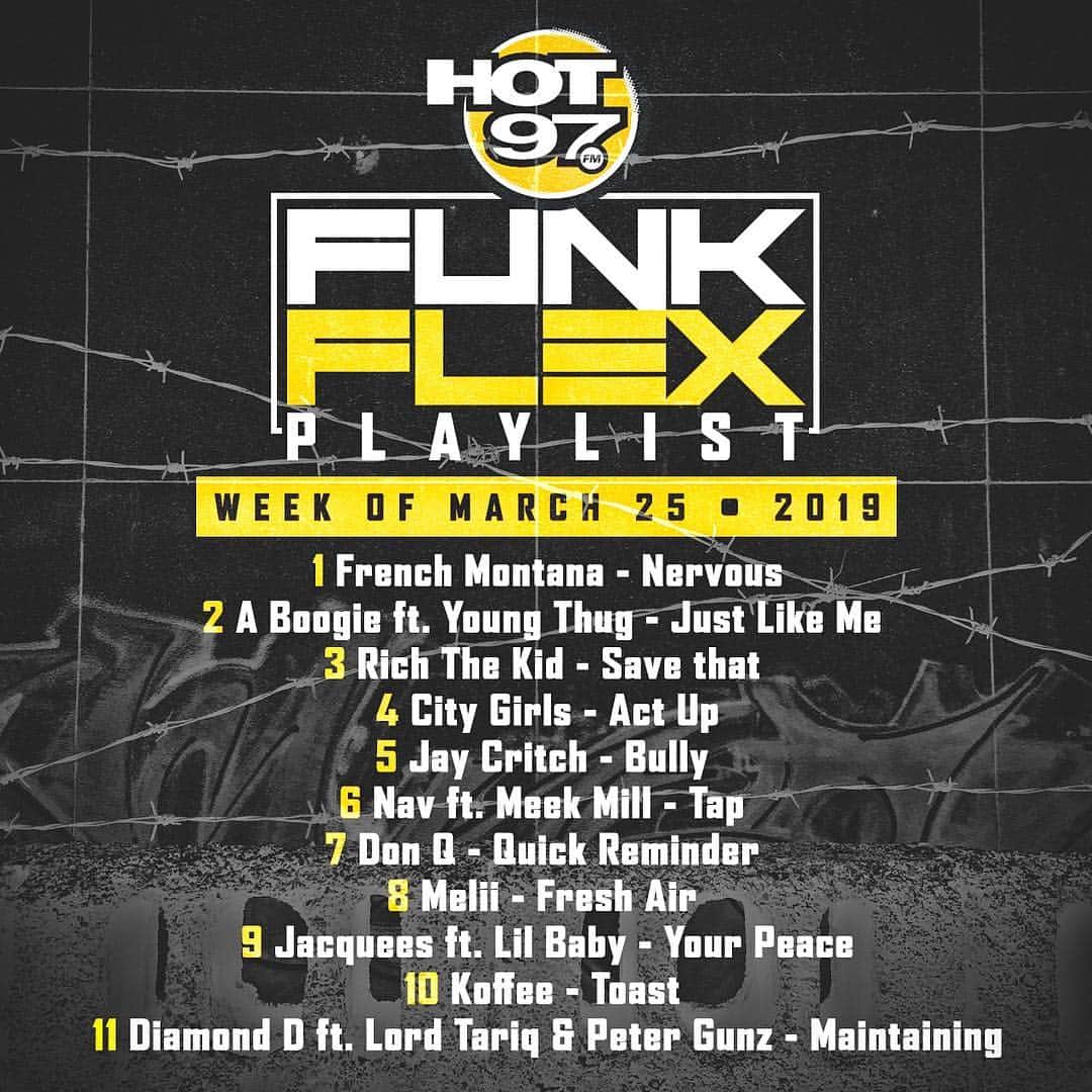 ファンクマスター・フレックスのインスタグラム：「1 @FrenchMontana - Nervous (Prod. by @harryfraud ) [ @salxco + @cashxo ]  2  @artisthbtl ft. @thuggerthugger1 - Just Like Me (Prod. by @1_pluss ) [ @qp_hbtl + @babydubai_hbtl + @emm.six ] 3 @RichTheKid - Save that (Prod. by @d.a.doman )  4 @CityGirls - Act Up (Prod. by @earlonthebeat )  5 @JayCritch - Bully (Prod. by @rubirosa + @tony_seltzer + @alaunyc )  6 @Nav ft. @MeekMill - Tap (Prod. by @wrxwesten + @londonondatrack ) [ @salxco + @cashxo ]  7 @DonQhbtl - Quick Reminder (Prod. by @joefromyo ) [ @qp_hbtl + @babydubai_hbtl + @emm.six ] 8 @Melii - Fresh Air  9 @jacquees ft. @lilbaby_1 - Your Peace (Prod. by @realskmusic ) 10 @originalkoffee - Toast (Prod. by @izybeats + @walshyfire )  11  @diamondditc ft. @Lord_Tariq & @petergunz174 - Maintaining  @wilmajor」
