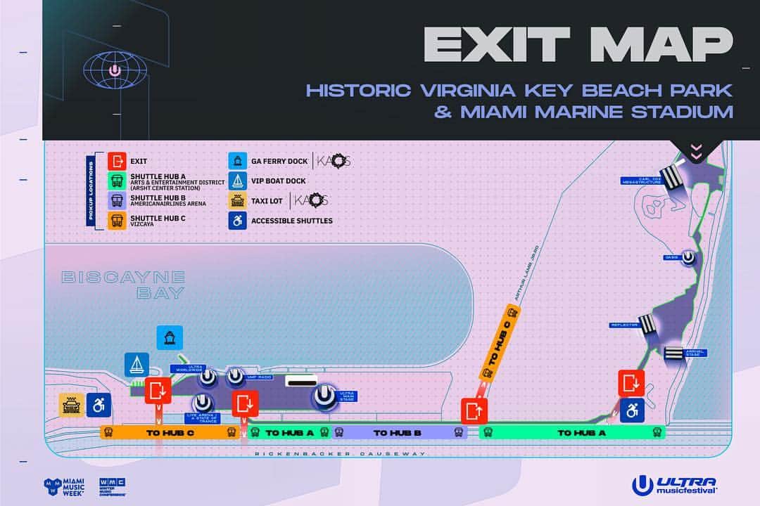 Ultra Music Festivalさんのインスタグラム写真 - (Ultra Music FestivalInstagram)「Before coming to #Ultra2019 this weekend, become familiar with our exit map detailing the pickup locations for each transit hub.  For those taking shuttles, remember the color and letter of your hub so you can easily find the corresponding gate following each night of the festival.」3月29日 5時05分 - ultra