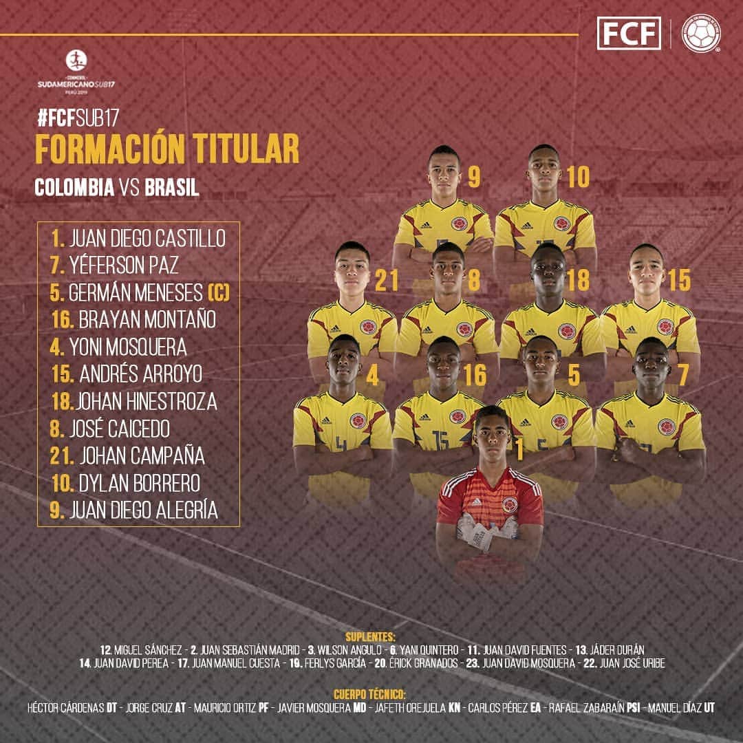 サッカー コロンビア代表チームのインスタグラム：「#MasculinaSub17  Hoy nuestra @fcfseleccioncol Masculina Sub-17 afronta su tercer encuentro del @sub17peru2019 ante @cbf_futebol. Sigue las emociones desde las 7:30pm. por @golcaracol HD2 y golcaracol.com.  #Sub17Perú #COLBRA」
