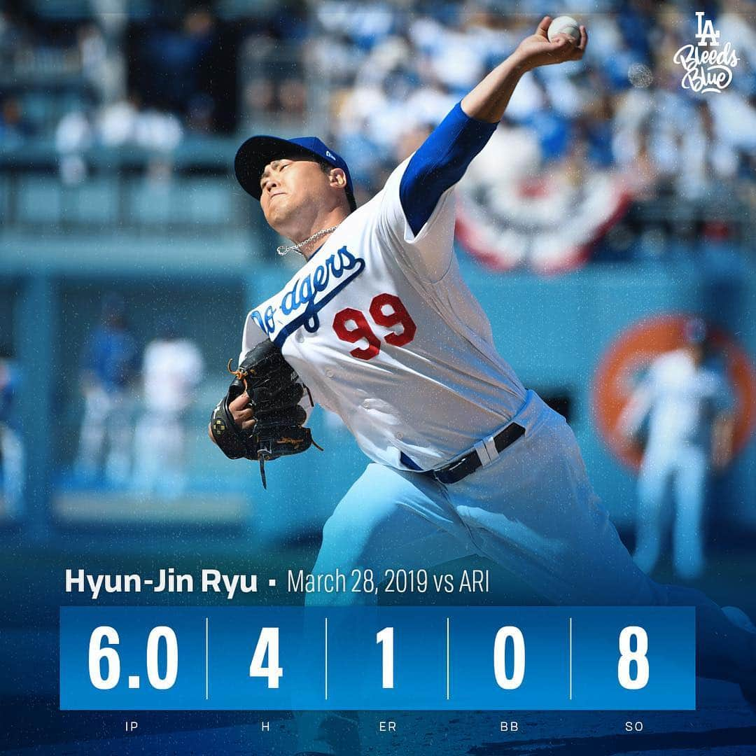 Los Angeles Dodgersさんのインスタグラム写真 - (Los Angeles DodgersInstagram)「Outstanding #OpeningDayLA start for @hyunjinryu325. #화이팅!」3月29日 9時51分 - dodgers