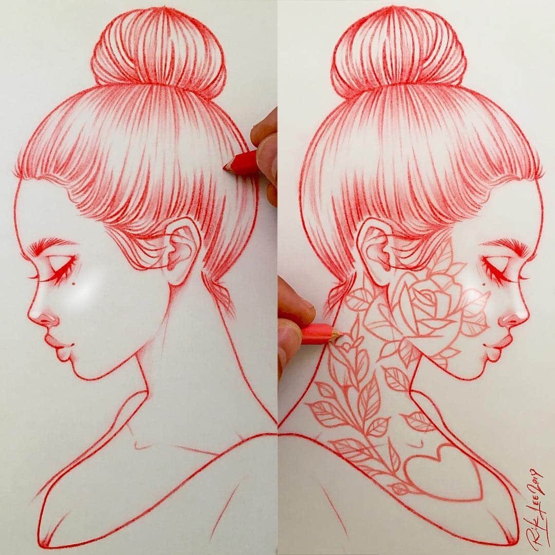 Rik Leeさんのインスタグラム写真 - (Rik LeeInstagram)「Which one? No tattoos? Yes tattoos? . My initial thoughts were that I like her pose and expression but felt the drawing was a little dull. I couldn’t resist sketching in the rose tattoo. I thought it would make the sketch more interesting, creating a narrative and also dividing opinions - y’know how some people love tattoos, some hate them and others are just, like “meh”. 🤷🏻‍♂️ Your thoughts for this babe? Yeah? Nah? Meh? . #riklee #illustration #drawing #art #sketch #pencildrawing #tattoo #tattoos #rosetattoo #facetattoo #babe #bun」3月29日 10時18分 - rikleeillustration