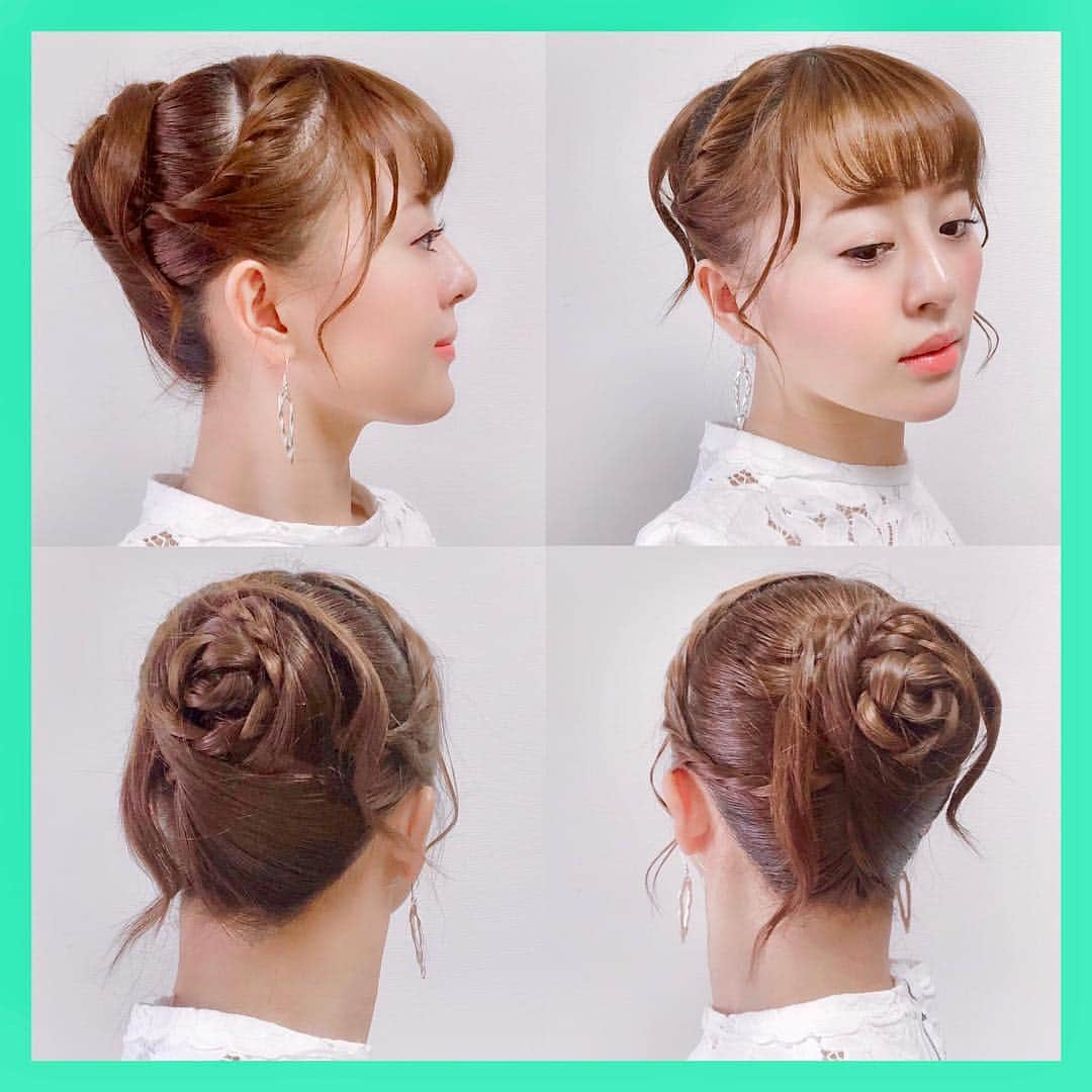 真衣ひなのさんのインスタグラム写真 - (真衣ひなのInstagram)「. ヘアアレンジ紹介｡･*･:≡(　ε:) . 💈きちっとかちっと編み込みアップ . センター分けで顔まわりは仮止めしておく。 顎から耳の延長線上が頂点になるように コームの先で斜めに分けヘアゴムで結ぶ。 毛先まで三つ編みにして、さっきの結び目に ぐるっと巻きつけたらアメピンで固定。 最初に置いていた顔まわりの髪を、 左右それぞれロープ編みにして、 先ほど作ったシニヨンの外側に巻きつける。 アメピンとUピンで固定。 残った下の髪を半分に分けて、それぞれ 反対側の斜め上に引っ張りながら、さらに、 シニヨンの外側に巻きつけるようにする。 📍巻きつける直前一度ねじると、 髪がたゆまずピンをさす土台にもなるよ！ 毛先は巻きつけず、コテで毛先と後れ毛に 少しだけ動きをつけたら、完成〜！ . #ゆるふわも良いけど #きっちりさんになりたい日もある #気合いとか切り替えとかそういうの #どんな一日にしたいか #それは朝鏡の前に立った瞬間から #ひなのへあかたろぐ ◀︎過去のココから」3月29日 21時27分 - hinano_mai