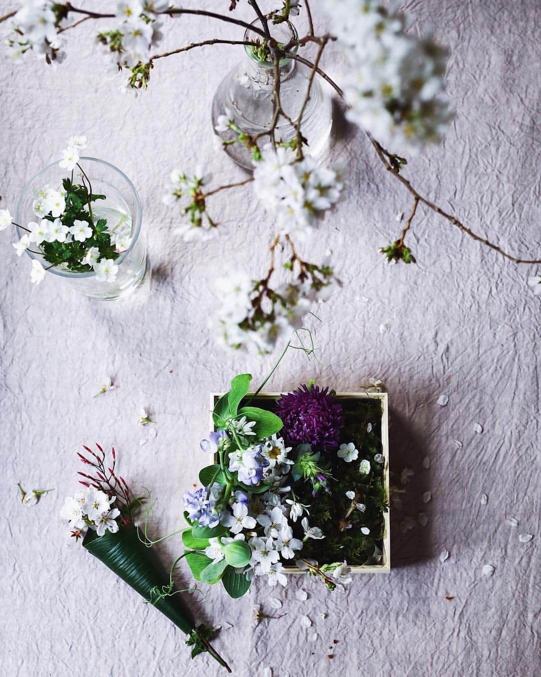 増田由希子さんのインスタグラム写真 - (増田由希子Instagram)「A little garden. 🌸🌸🌸 Happy weekend everyone! #springflowers #arrangement #sakura #bouquet  #hanami  NHK文化センター町田教室冬講座にご参加いただきました皆様、ありがとうございました。皆さんが楽しそうにお花をアレンジされている様子を拝見しながら、嬉しい気持ちになりました。 : 3月のテーマは ‘ 春の箱庭とハランのミニブーケ ‘ #苔の上にツクシをのせて #春の庭 #桜 #二輪草 #お花見 : ※春講座申込受付中です。4月はスズランと草花のブーケを予定しています」3月29日 19時23分 - nonihana_