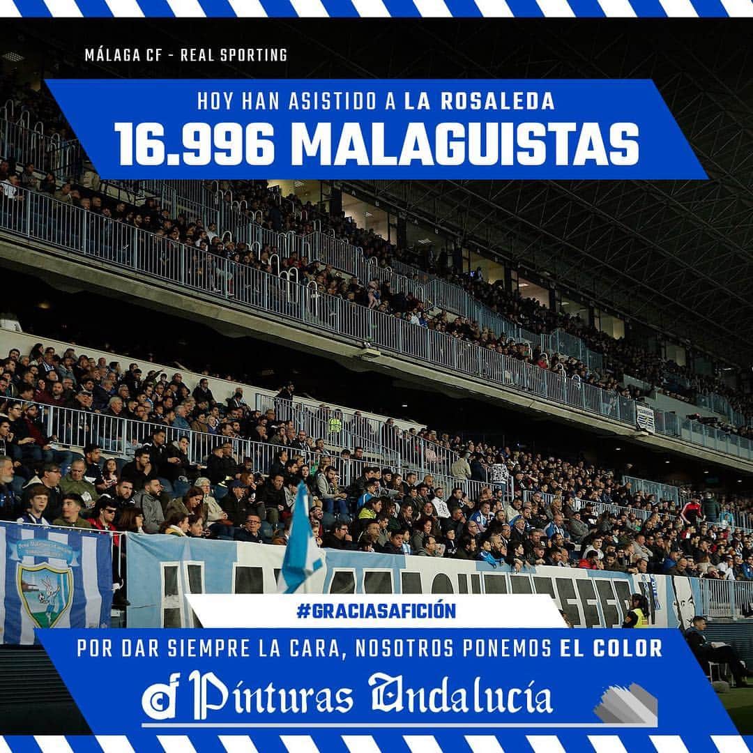 マラガCFさんのインスタグラム写真 - (マラガCFInstagram)「16.995 malaguistas han acudido a #LaRosaleda para este #MálagaSporting . #GraciasAfición @pinturasandalucia」3月30日 6時14分 - malagacf