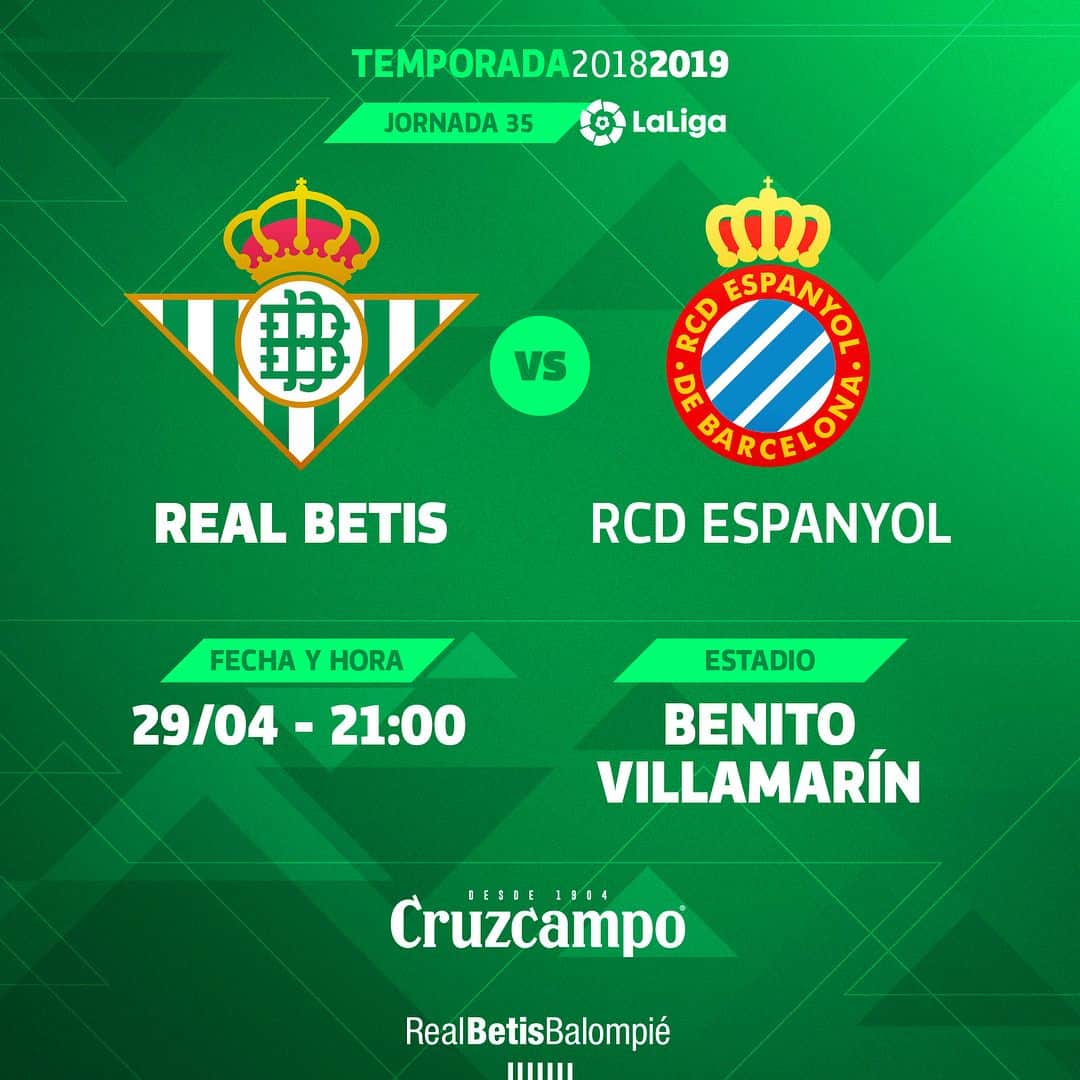 レアル・ベティスさんのインスタグラム写真 - (レアル・ベティスInstagram)「¡Este es el horario para el partido contra el @rcdespanyol! 📅⌚ -- This is the kick off date and time for our game against RCD Espanyol! 📅⌚ #RealBetisEspanyol」3月30日 1時43分 - realbetisbalompie