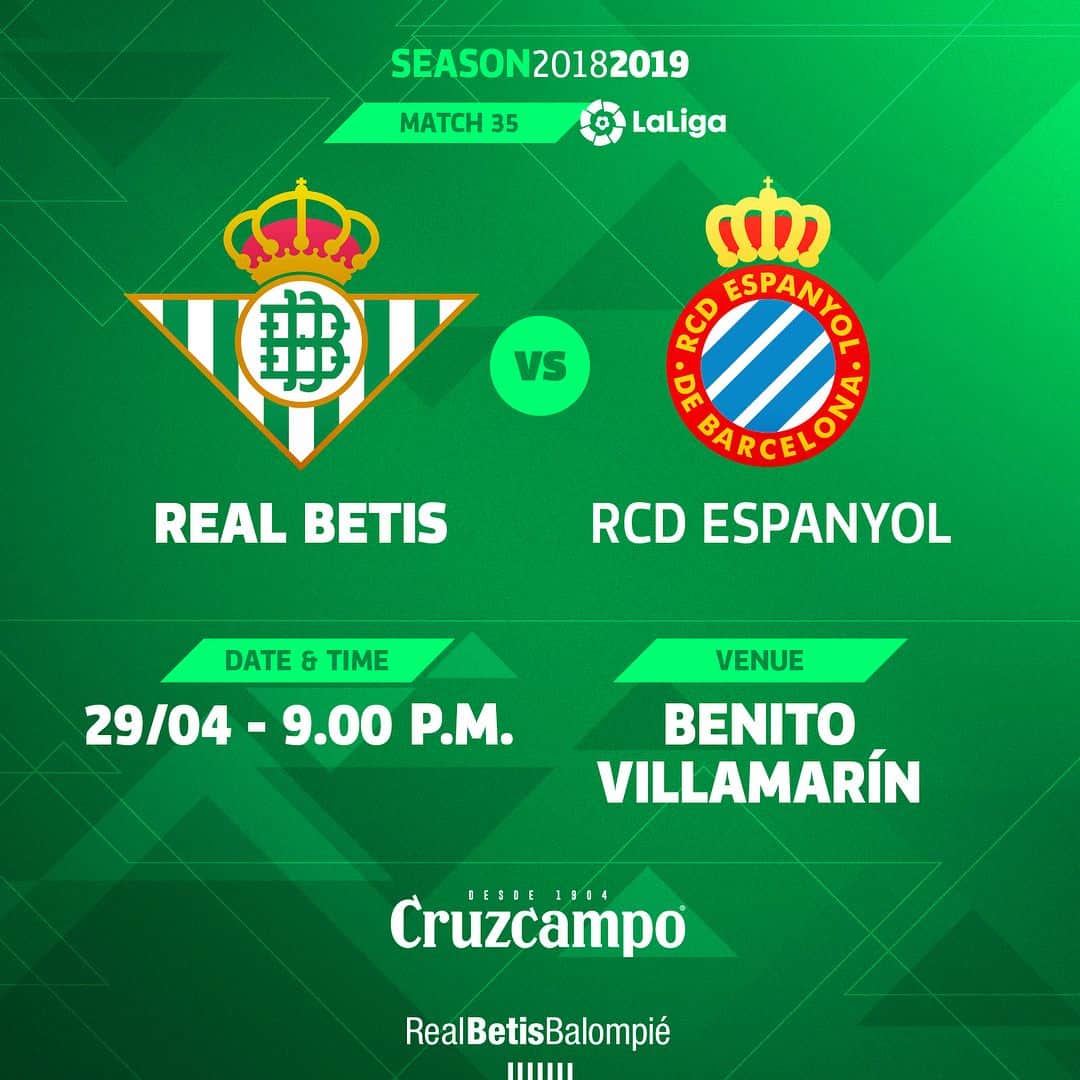 レアル・ベティスさんのインスタグラム写真 - (レアル・ベティスInstagram)「¡Este es el horario para el partido contra el @rcdespanyol! 📅⌚ -- This is the kick off date and time for our game against RCD Espanyol! 📅⌚ #RealBetisEspanyol」3月30日 1時43分 - realbetisbalompie