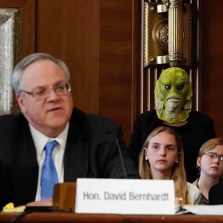 のインスタグラム：「Literal swamp creatures showed up to a hearing for Trump's latest cabinet pick. 🤨 See more at our link in bio. 📸: Ken Cedeno/Greenpeace」