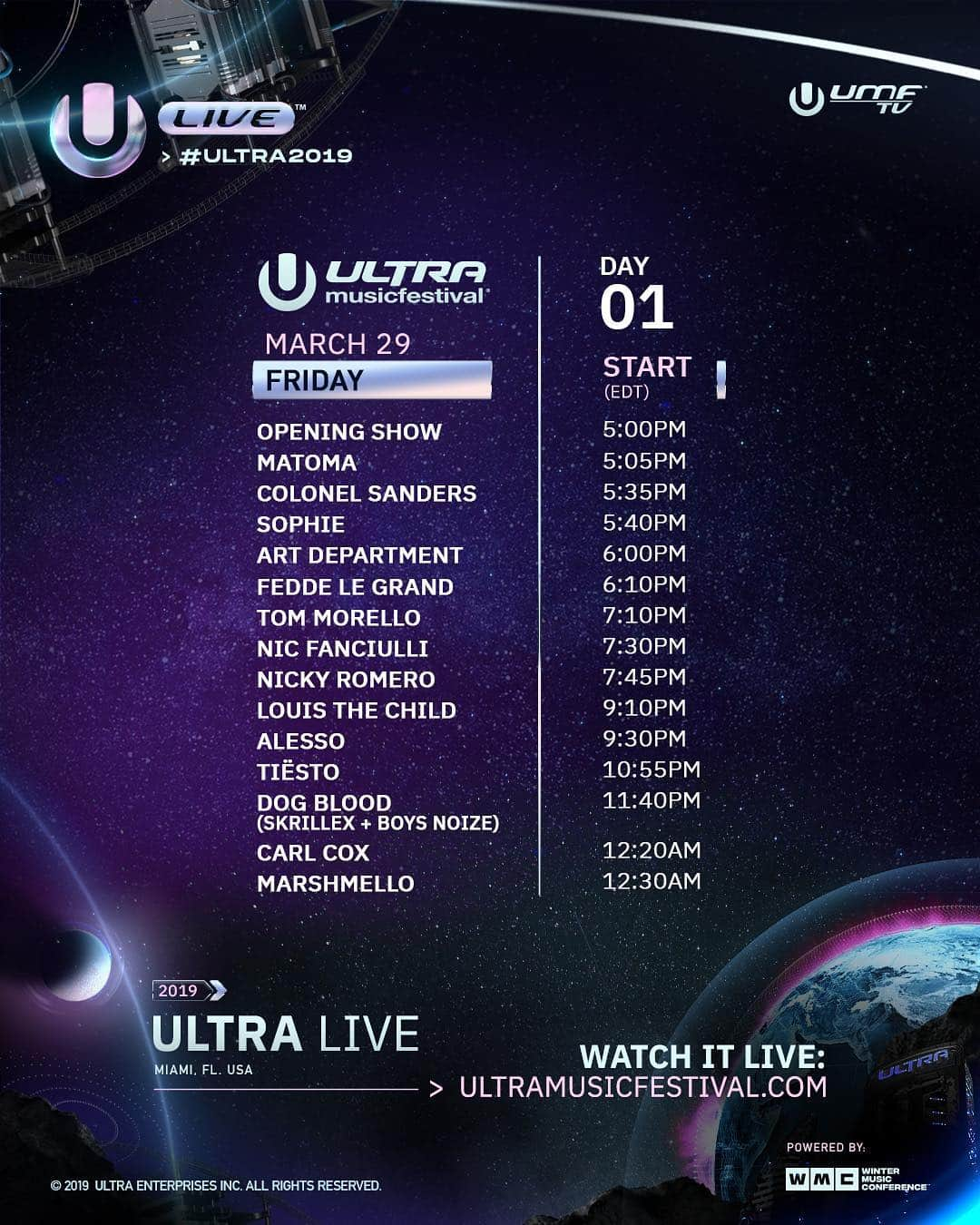 Ultra Music Festivalさんのインスタグラム写真 - (Ultra Music FestivalInstagram)「Check out the schedule for Day 1 of ULTRA LIVE from #Ultra2019!  Broadcast begins at 5pm EDT at UltraMusicFestival.com」3月30日 5時45分 - ultra