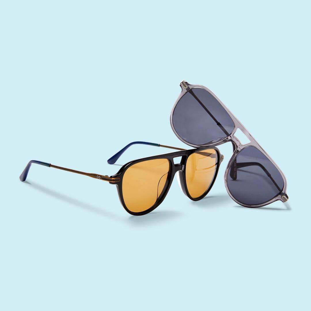 のインスタグラム：「When you’re making change, sometimes you need a wingman. Aviator-inspired Beckett frames in amber and smoke grey lenses.」