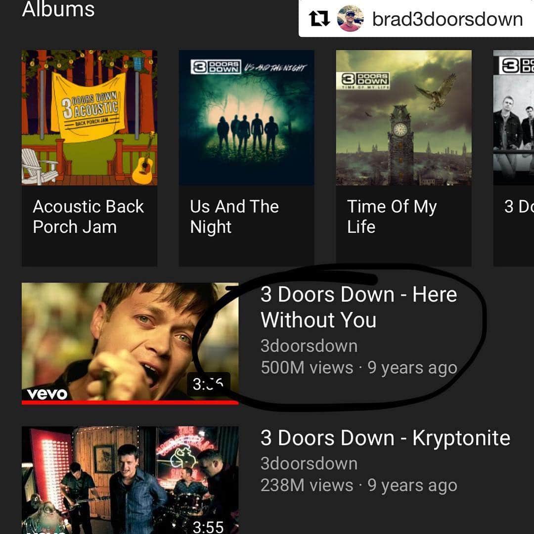 3 Doors Downさんのインスタグラム写真 - (3 Doors DownInstagram)「Pretty amazing to see that “Here Without You” has had 500 MILLION views on YouTube. That’s pretty amazing. Thanks to everyone who was one (or more) of those views. #surreal #Repost @brad3doorsdown」3月30日 7時55分 - 3doorsdown