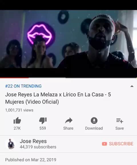 ホセ・レイエスのインスタグラム：「Gracias a todos por el apoyo 1🍈 en una semana #5mujeres @liricoenlacasa 🔥🔥🔥 @sietemusic7 (link in bio)」