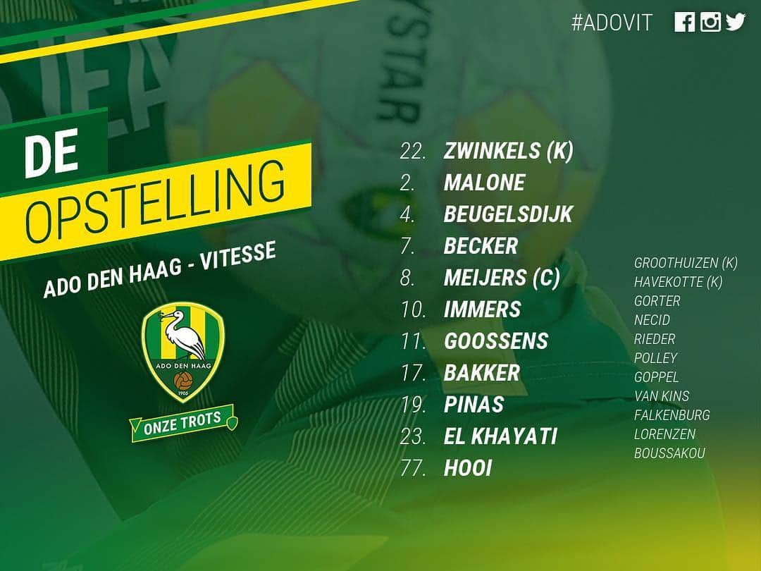 ADOデン・ハーグさんのインスタグラム写真 - (ADOデン・ハーグInstagram)「🔰 De opstelling voor vanavond! Beugelsdijk keert terug, Hooi staat ook aan de aftrap. #OnzeTrots」3月31日 1時07分 - adodenhaag