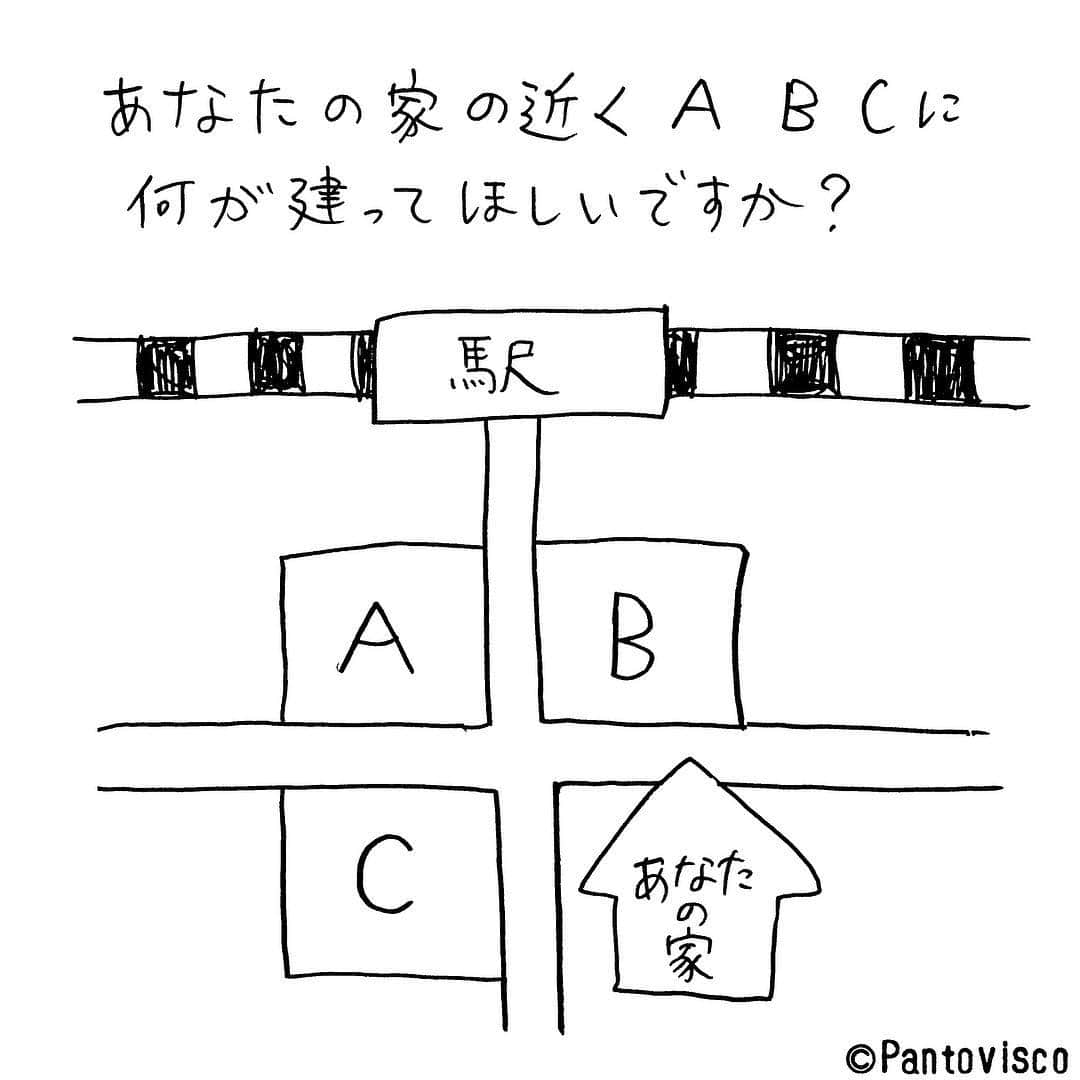 pantoviscoさんのインスタグラム写真 - (pantoviscoInstagram)「『家の近くに建って欲しい3つは？』 #みんなのコメントをみんなで楽しむ回 (例)コンビニ、映画館、警察署、などなど、3つ挙げてください。心理テストとかじゃないです。 . 気になったコメントにイイネしてますね、皆さんもしてみてください。」3月30日 18時22分 - pantovisco