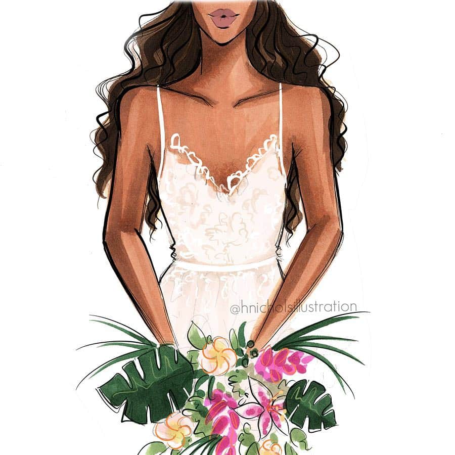 Holly Nicholsさんのインスタグラム写真 - (Holly NicholsInstagram)「Themed bridal prints (each theme comes with hair color options as well) available at hnillustration.etsy.com. Are you boho, eclectic, timeless, beachy, or the winter bride?! #fashionillustration #bridalillustration #illustration #bohemianwedding #hnicholsillustration #bridalbouquet」3月30日 21時55分 - hnicholsillustration
