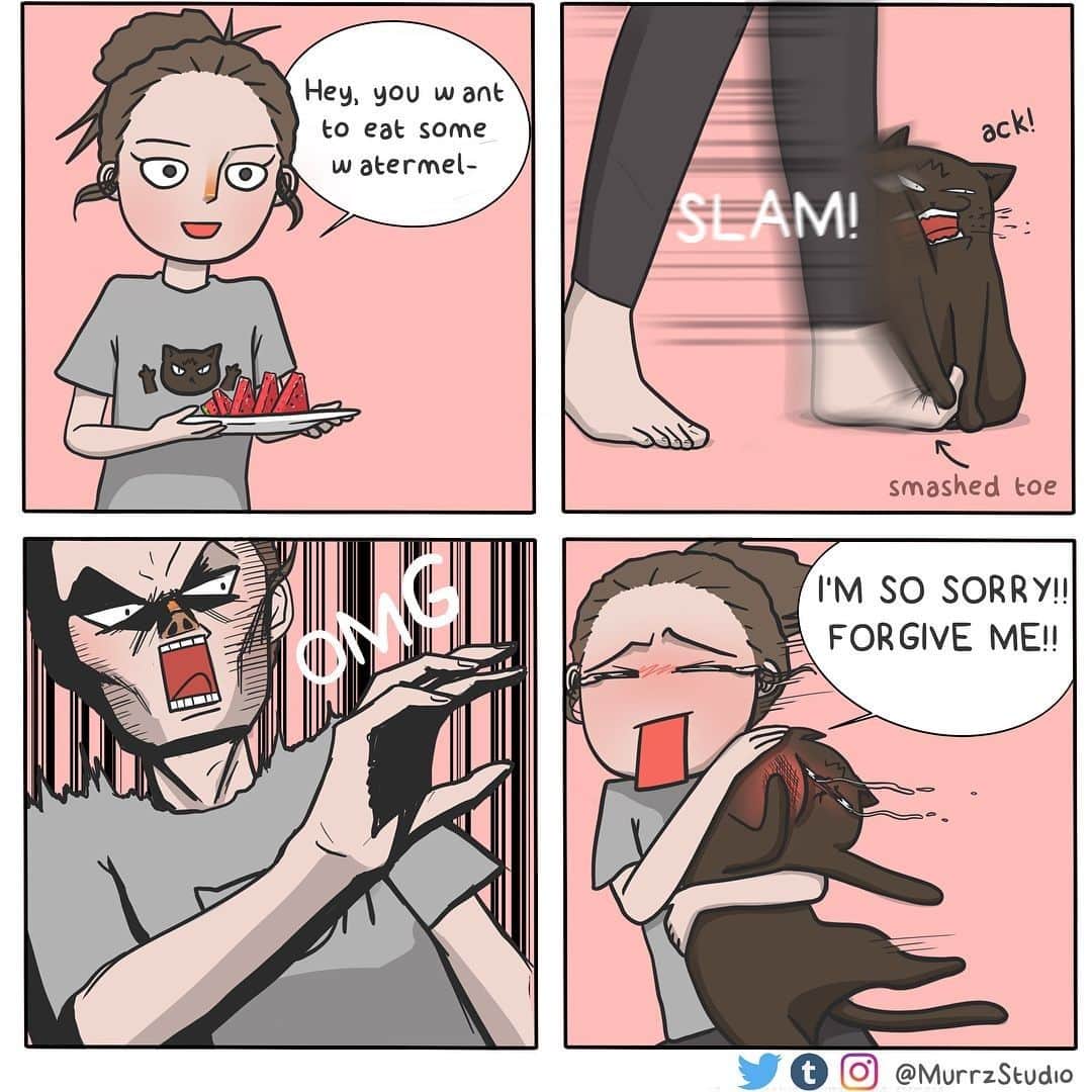 のインスタグラム：「When you accidentally kixed the shit out of your pet⠀ ⠀ ✍🏼@murrzstudio⠀ ⠀ Submit us your meowdorable artwork and comics by tagging #9gagmeowdle to get featured on @meowed, @doodles or even @9gag. For March, we will share a bunch of cat arts with you all hoomans!⠀ ⠀ #meowed #doodle #9gagmeowdle #murrzstudio #catcomic #meowedcomic #catlife #thefeels #imsorry」