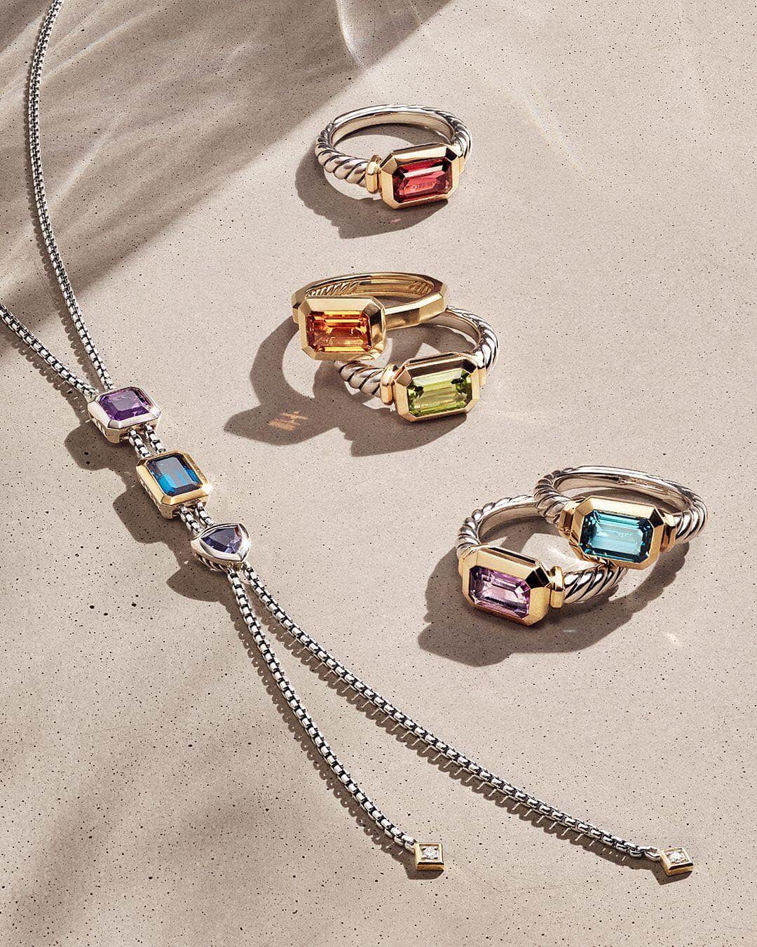 デビッドヤーマンのインスタグラム：「Get some color this weekend. • In a rainbow of hues, new designs from the Novella Collection reflect playful sophistication. Visit our bio link to discover the full spectrum. • #DavidYurman」