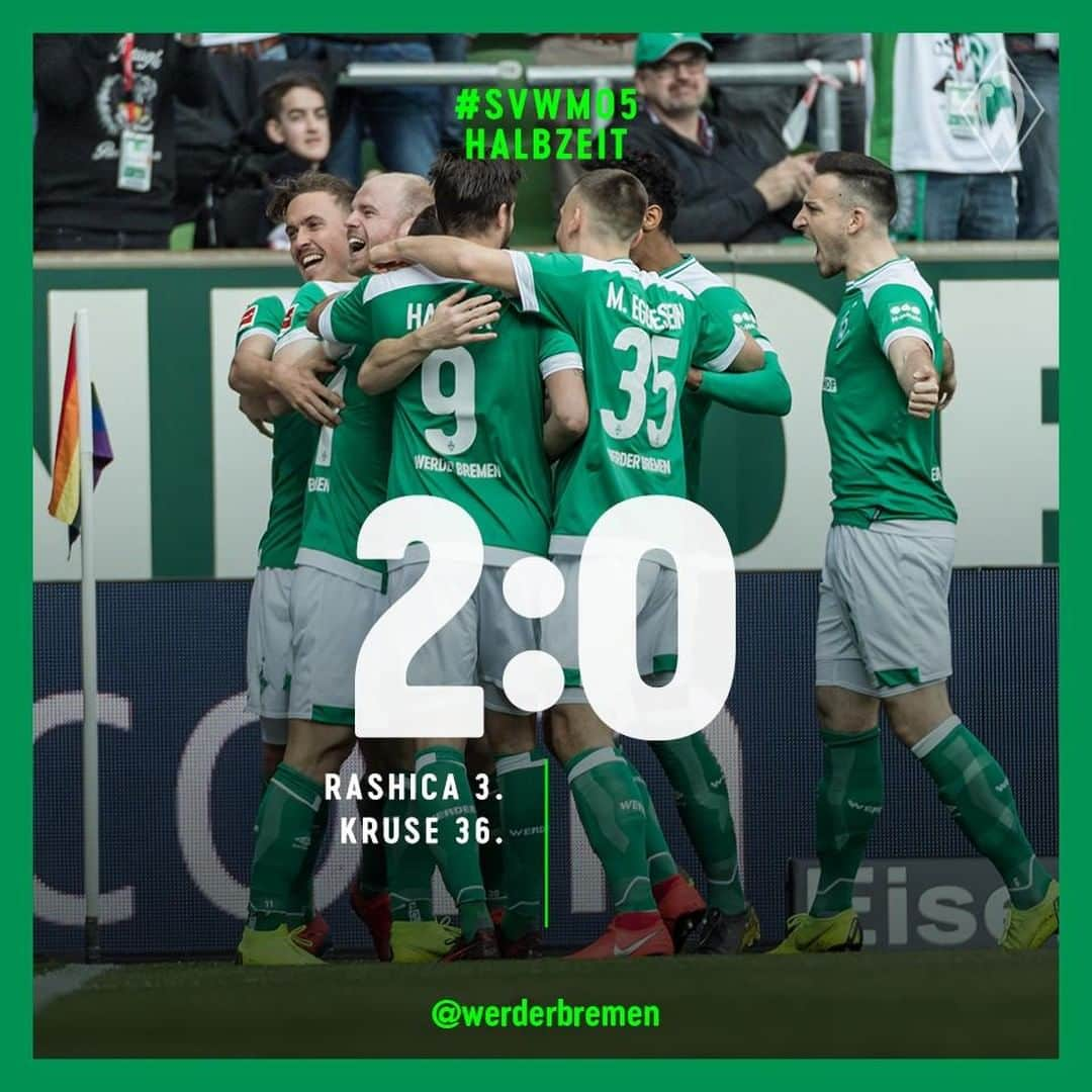 ヴェルダー・ブレーメンさんのインスタグラム写真 - (ヴェルダー・ブレーメンInstagram)「Starke Teamleistung in Durchgang eins. 💪  _______ #werder #bremen #svw #svwm05 #Bundesliga #Weserstadion #nordphoto」3月31日 0時18分 - werderbremen