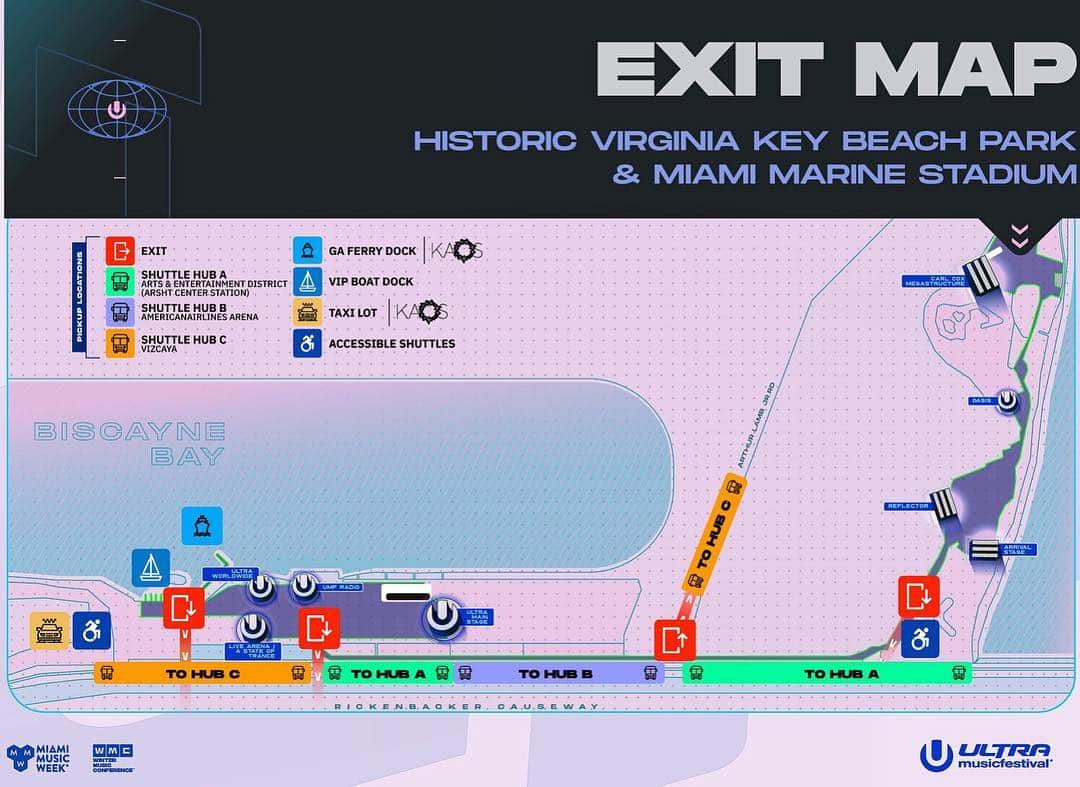 Ultra Music Festivalさんのインスタグラム写真 - (Ultra Music FestivalInstagram)「We have been hard at work ensuring a smooth transportation experience for your trip home after the festival tonight.  Specific actions we are taking: - Additional resources allocated to enhanced training for ALL transportation staff and volunteers - Implementing comprehensive transportation information, including this exit map, at every shuttle hub and around the festival. - Improved infrastructure around our bus loading process, particularly at the end of the night - Significantly increasing control of pedestrian traffic exiting the event, in cooperation with Miami-Dade County and City of Miami Police. - Feel free to stay and hang out! We are adding post-2am activities including extended food, drink, and merchandise vendor hours, art installations, secret performances, and other attractions.  #ultra2019」3月31日 6時14分 - ultra