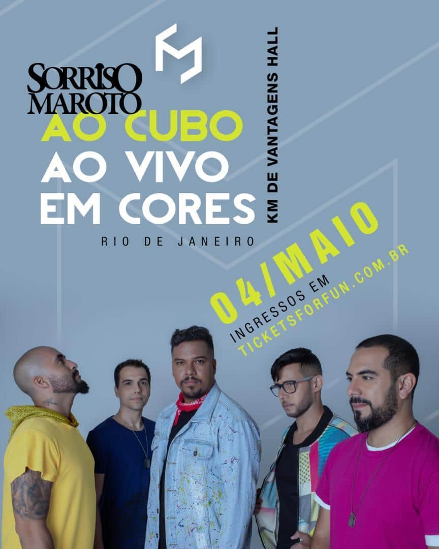 Sorriso Marotoのインスタグラム：「Alô, Rioooo! Dia 04/Maio tem o show de lançamento da turnê #SorrisoMarotoAoCuboAoVivoEmCores no KM de Vantagens Hall e a gente está te esperando pra essa festa, hein! 😃 Garanta agora seu ingresso 👉🏽🎟 http://bit.ly/sm3kmrj」
