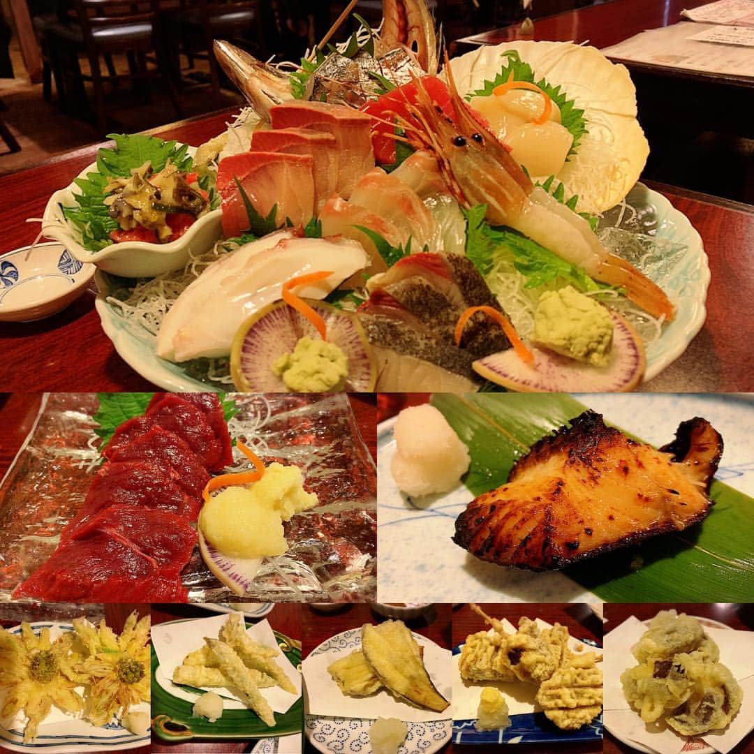 のインスタグラム：「昨日は海鮮屋さんへ連れて行っていただきました( ^ω^ ) お刺身美味しかった〜（ ; ; ） そして、天ぷらはふきのとうや和牛赤身肉もいただきました！ 日本酒もたくさんいただきました！ ご馳走さまでした( ^ω^ )」