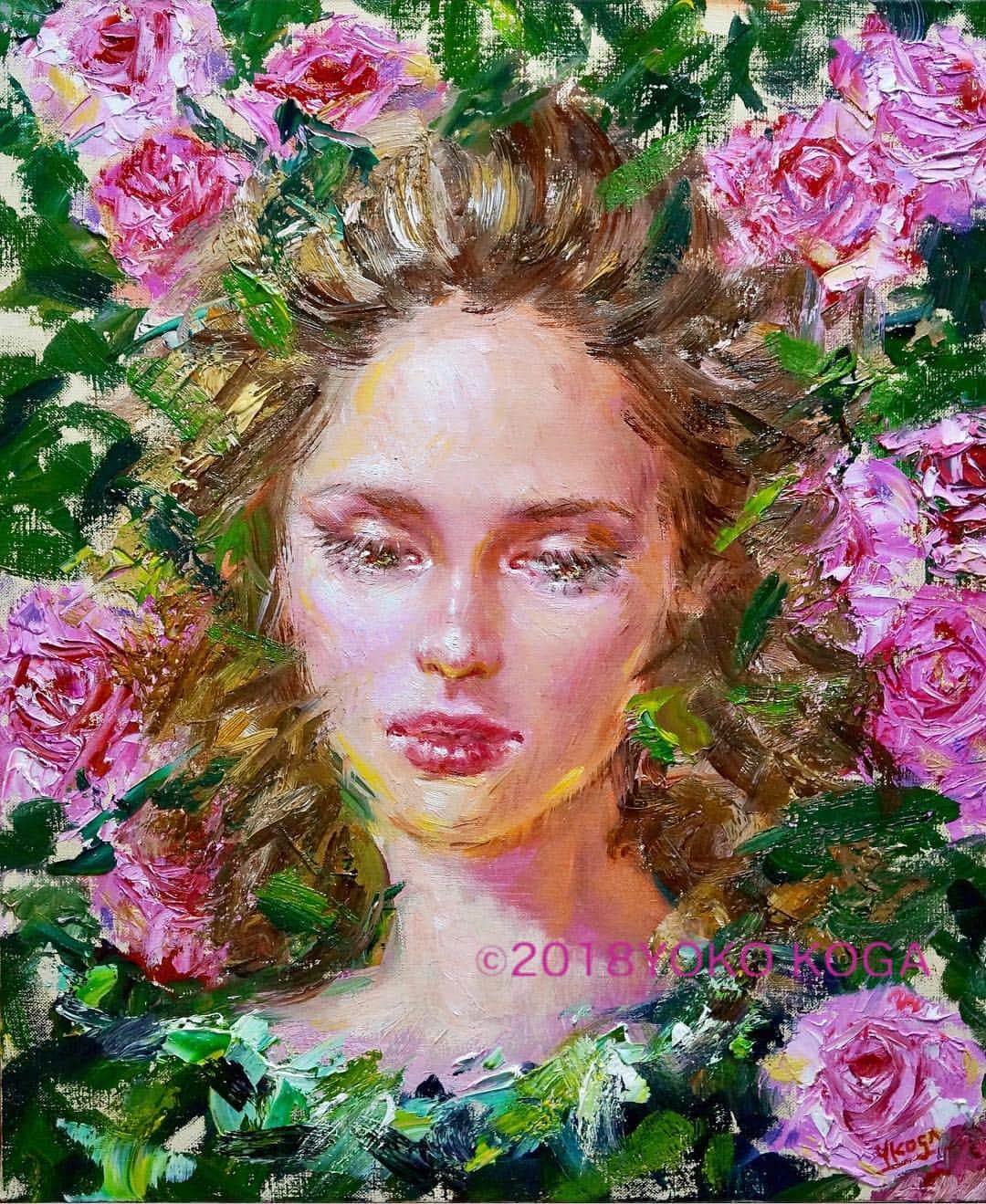 古賀陽子のインスタグラム：「“The Roses” 2018, oil on canvas, 45.5cm×37.9cm "バラ" F8号 __________ 🔜 個展: 5月29日(水)〜6月4日(火) @大丸心斎橋店 北館12F 美術画廊 #人物画 #肖像画 #portrait #アート #絵 #gallery #ギャラリー #画家 #artist #painter #portraitartist #painting #art #artwork #油絵 #oilpainting #artstagram #artistoninstagram #instapainting #instajapan #instaart #instaartist #neoimpressionism #古賀陽子 #yokokoga #exhibition #exhibit #大阪 #個展 #画廊」
