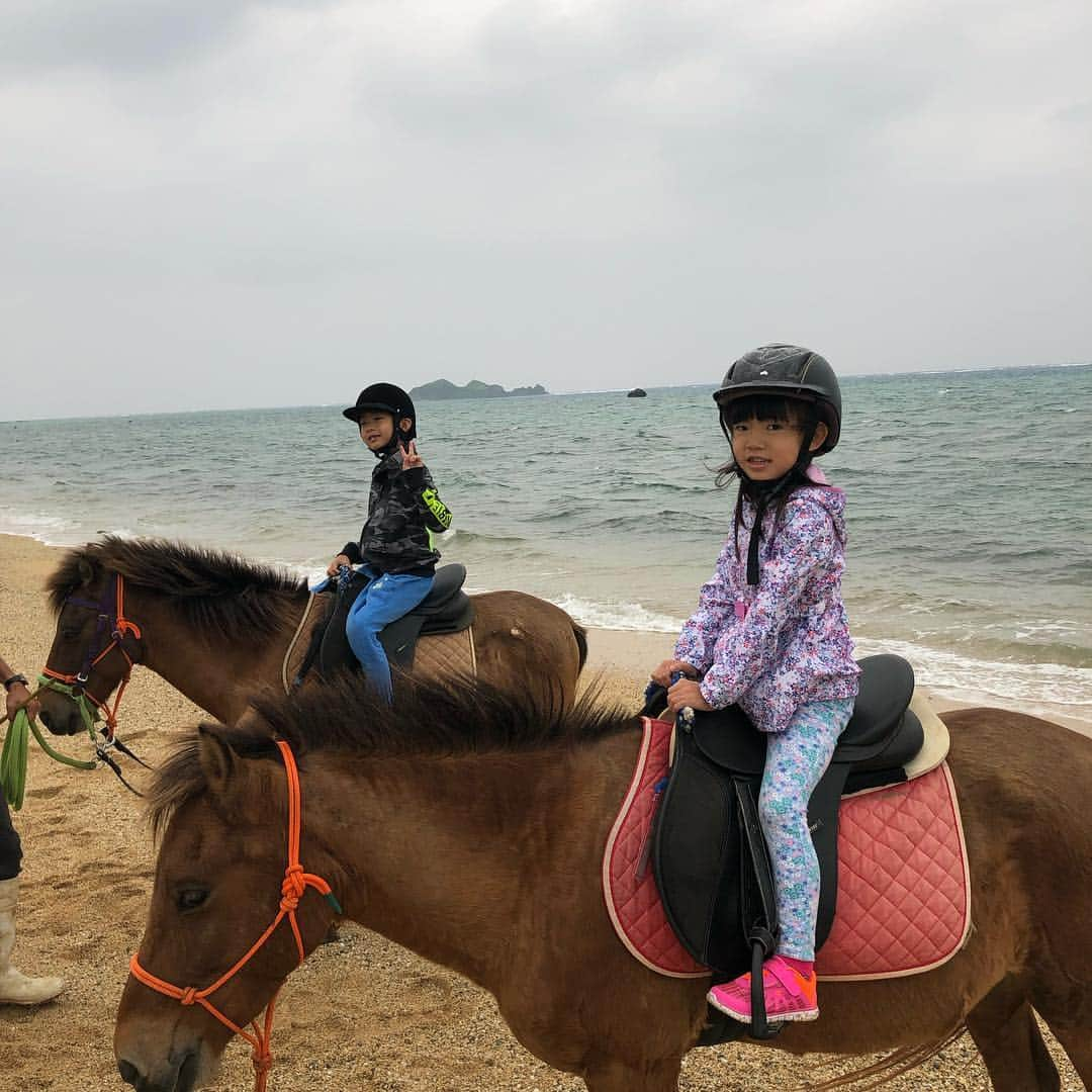 甘糟記子さんのインスタグラム写真 - (甘糟記子Instagram)「今日は島を1周ドライブ！！ まずは玉取崎展望台へ行って、その後さらに北上し、馬広場にて与那国馬に乗馬( ^ω^ )  海岸をお散歩しに行ったんだけど、浜辺にたくさん青いクラゲが！！ 一見クラゲに見えなくて、綺麗な青いガラスみたいだけど、なんと毒のあるクラゲ！！ 避けながら大人は馬の横を徒歩でお供（笑）  最初はビビってた姫も大人しくて優しい与那国馬のモナミ君にいつのまにかハマってました（笑）  牧場にはちょうど子馬も生まれてて、可愛かったな〜☆*:.｡. o(≧▽≦)o .｡.:*☆ 牧場の方もすごく優しくて、姫と同い歳の娘さんもいてなんか楽しい時間でした(≧∀≦) 天気は曇ってたけど、寒い！って感じはそんなに無いし、日が差すと急にすごく暑くなる、そんな気候です(๑˃̵ᴗ˂̵) #石垣島#家族旅行#子連れ旅#春休み#旅行#旅好き#石垣島#石垣島馬広場#乗馬#息子殿姫#息子殿#姫#japan #ishigaki」3月31日 21時50分 - norihey924