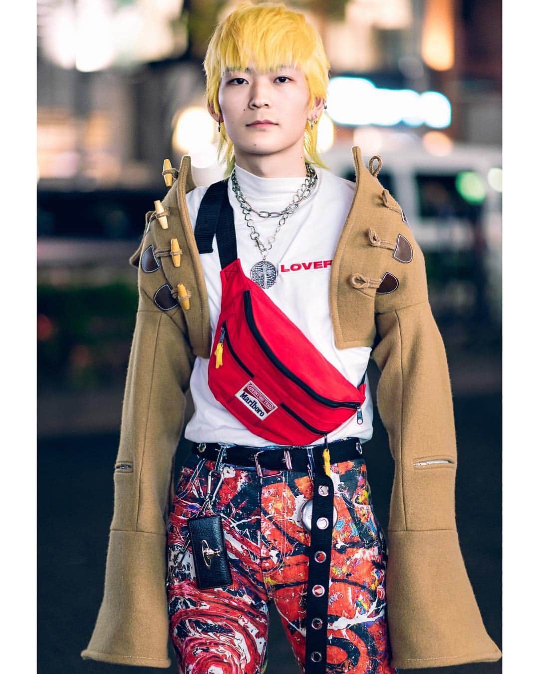 Harajuku Japanさんのインスタグラム写真 - (Harajuku JapanInstagram)「21-year-old hair stylist Shimon (@h_s_official04) on the street in Harajuku wearing a cropped hooded jacket by @_CharlesJeffrey, a Charles Jeffrey Loverboy shirt, Charles Jeffrey painted pants, Eytys boots, a vintage Marlboro crossbody bag, JBCG, and Vivienne Westwood accessories.」4月1日 1時11分 - tokyofashion