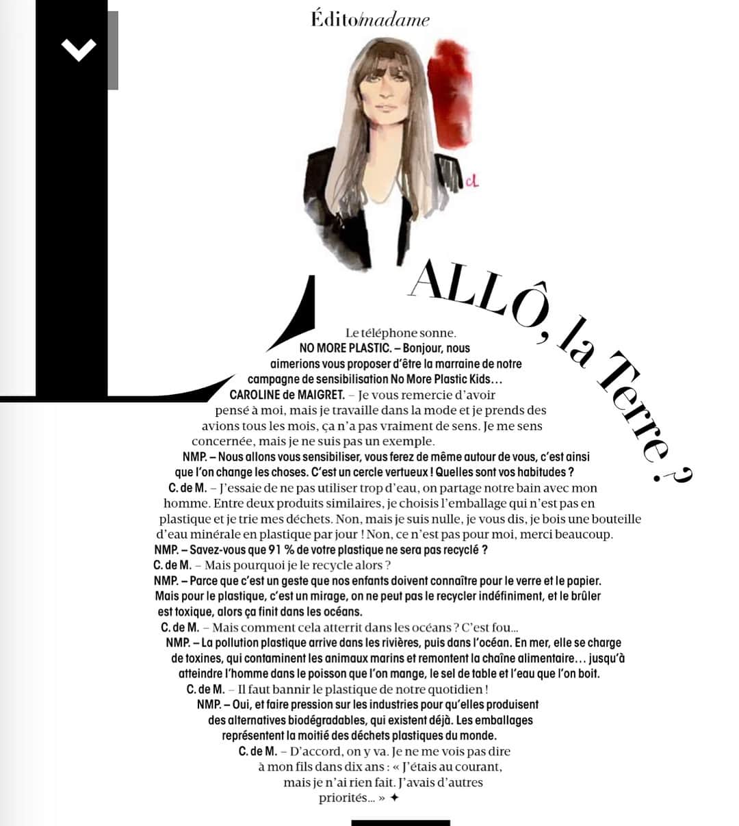 カロリーヌ・ド・メグレのインスタグラム：「Pourquoi je ne voulais pas être marraine de @nomoreplasticco dans L’Edito de ce week-end du @madamefigarofr ❤️🌳🌍 Merci @anneflorenceschmitt @jeansebstehli illustration @marcantoinecoulon #nomoreplastickids」