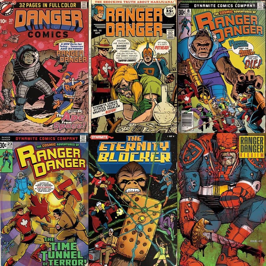 ケヴィン・スミスのインスタグラム：「Part of the fun of moviemaking for me is creating fake brands and intellectual properties! So in @jayandsilentbob Reboot, we expand the world of Ranger Danger - a character that once appeared on Randal’s t-shirt. While prepping the I’ll-fated Clerks III, Fat Man logo artist @captain_ribman and I crafted comic covers that trace the history of Ranger Danger, the Danger Rangers and their arch nemesis, Andronicus Kong, the Ape from Space! You can see obvious nods to Kirby and Adams, as well as our Thanos-flavored crossover event, The Infinity Blocker! The art sat dormant on my laptop until we got the #jayandsilentbobreboot green light - at which time I repurposed the comic covers (Jay wears the Miller-esque gritty cover on his shirt the whole movie) and asked Ribman to create a new Ranger Danger book that plays pretty prominently in the first act. Now that we’re done with the flick, it might be time to actually make these into real comics (something I’ve been talking about doing with @dynamitecomics for a long time). But until then, you’ll see all this artwork hanging around Brodie’s Secret Stash once #jayandsilentbobreboot! #KevinSmith #captainribman #comics #rangerdangerandthedangerrangers」
