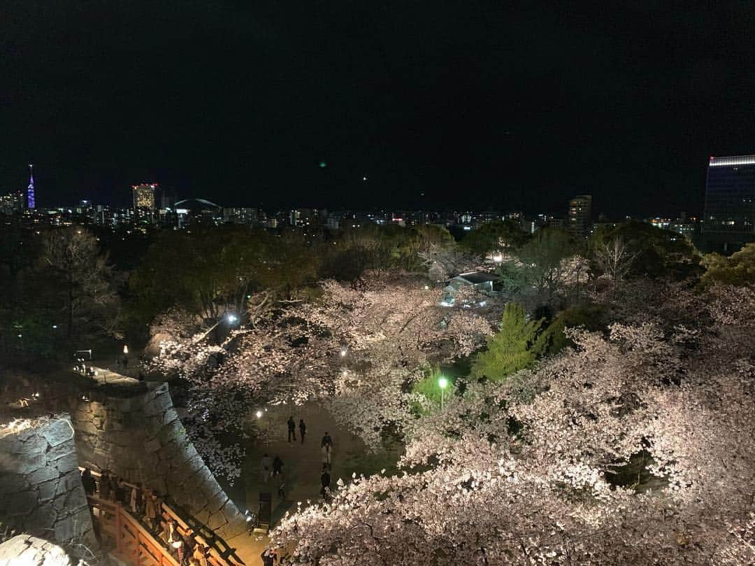 石川愛のインスタグラム：「* 花冷えの夜🌸 #舞鶴公園 #桜 #満開 #夜桜 #お花見 #肉巻きおにぎり唐揚げコロッケもつ鍋 #いっぱい食べ過ぎて胃もたれしました #迷ったけどダウン着て行って正解🙆‍♀️」