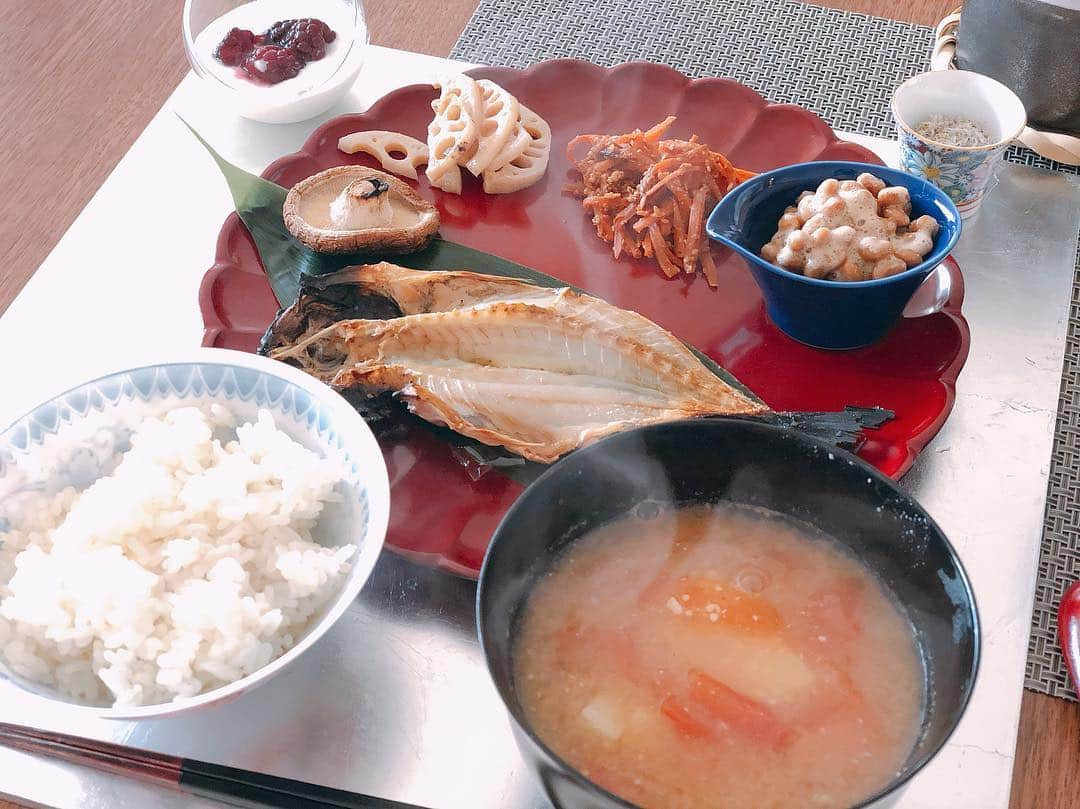 英玲奈さんのインスタグラム写真 - (英玲奈Instagram)「#今日の朝ご飯 #夫の朝ご飯 #7分づき米  #トマトと長芋の味噌汁 #自家製鯵の干物 #焼き椎茸 #蓮根の塩きんぴら #人参しりしり #納豆 #ちりめんじゃこ #自家製胡瓜の糠漬け  #ヨーグルトブラックベリー添え  #豚しゃぶサラダ #焙じ茶 #からだにやさしいごはん  #からだにいいこと  #ていねいな暮らし  #季節を感じる暮らし  #夫の健康守りたい #10年後の健康の為に #オーガニックライフ #趣味生活」4月1日 10時04分 - erena_erenyan