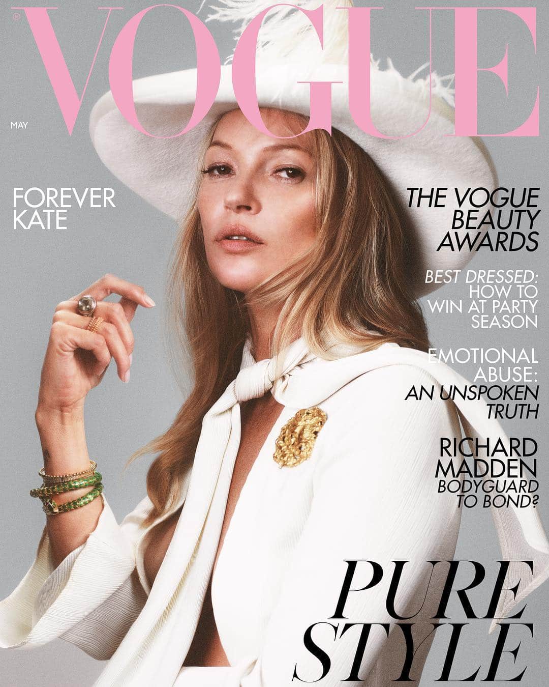 British Vogueさんのインスタグラム写真 - (British VogueInstagram)「The model who remains a muse. Contributing editor #KateMoss stars on three special covers for the May 2019 issue of #BritishVogue, on newsstands Friday 5 April. See the full story in the new issue, where she delves into ‘60s and ‘70s icon Anita Pallenberg’s archive. Kate wears jacket with neck-tie and snake bracelet, both Anita Pallenberg Archive, @Gucci hat with feather from @MacCullochW and @VanCleefArpels jewellery.  Photographed by @MikaelJansson and styled by @KPhelan123 with Kate Moss as Fashion Editor. Hair by @AnthonyTurnerHair, make-up by @LynseyAlexander and nails by @LorraineVGriffin.」4月1日 23時18分 - britishvogue
